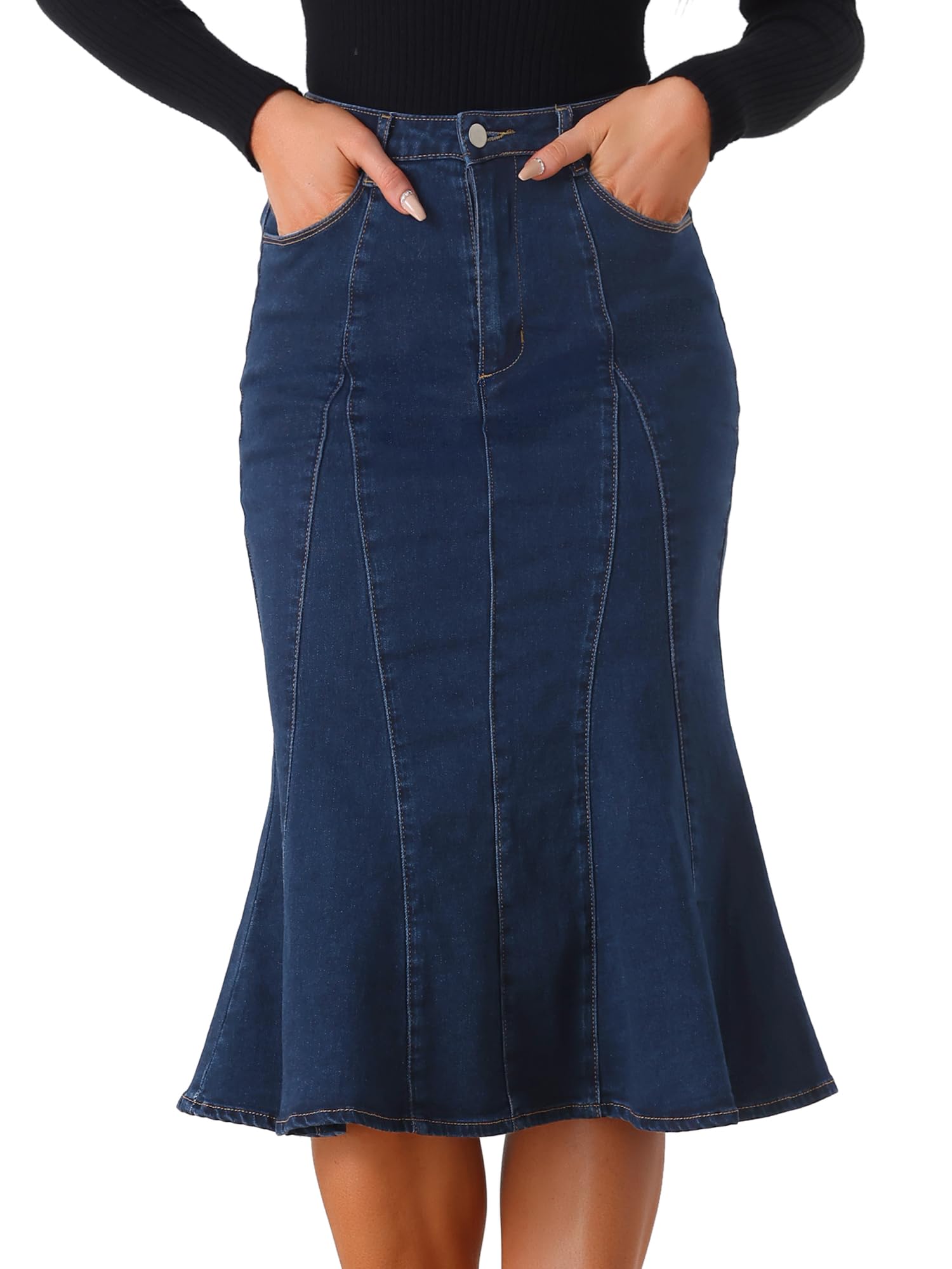 Allegra K Womens Ruffle Denim Skirt Midi Bodycon High Waist Fishtail Jean Skirts