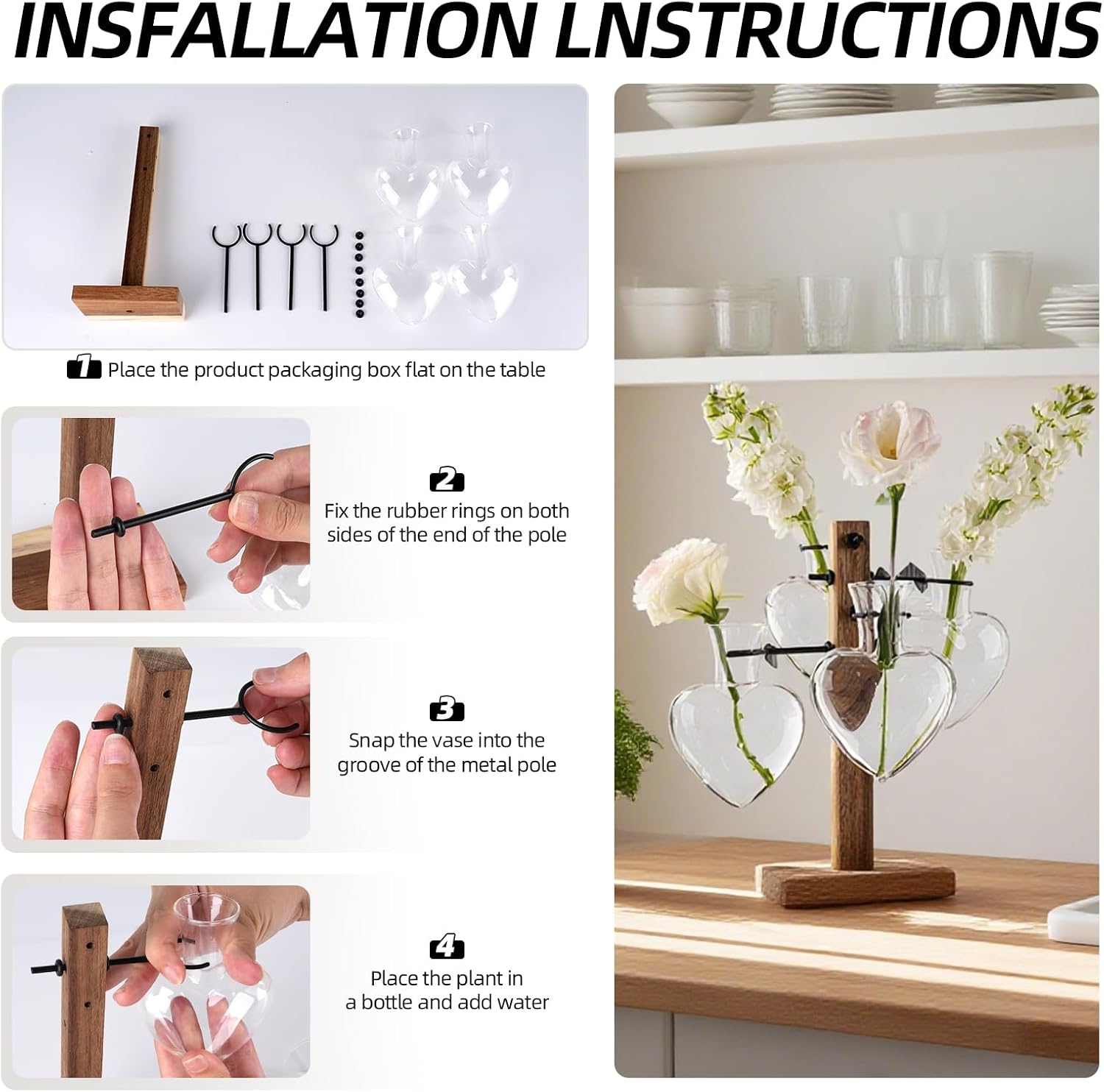 Plant Propagation Station with Acacia Wood Stand, 4 Heart-Shaped Propagation Vases for Plants, Unique Terrarium Kit for Office and Home Decor, Gifts for Plant Lovers