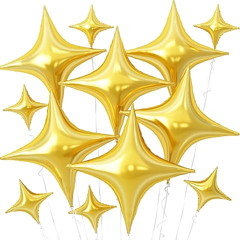 Gold Star Balloons,12Pcs Four Angle Star Foil Balloons,26Inch and 10Inch Gold Quadr...