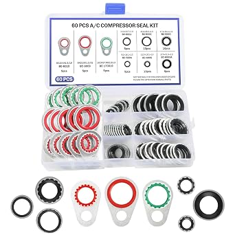 60PCS A/C O Ring Kit,Air Conditioning Compressor Gasket Seals,O Ring Assortment Kit for Air Conditioning Parts Replacement, Unniversal AC Gasket Kit with 9 Sizes of O Rings Fits Most Cars
