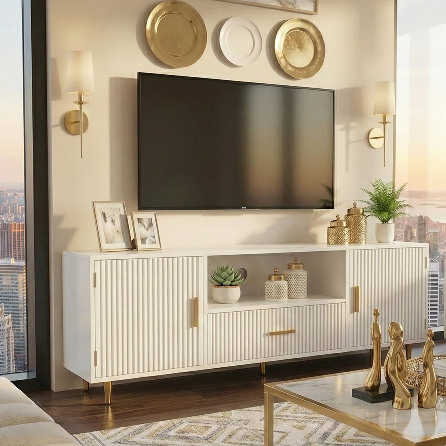 DIYART Modern Fluted TV Stand for 55/60/65 Inch TV, 57" Entertainment Center Media Console Table with Drawer & Storage Cabinets, Ribbed Design TV