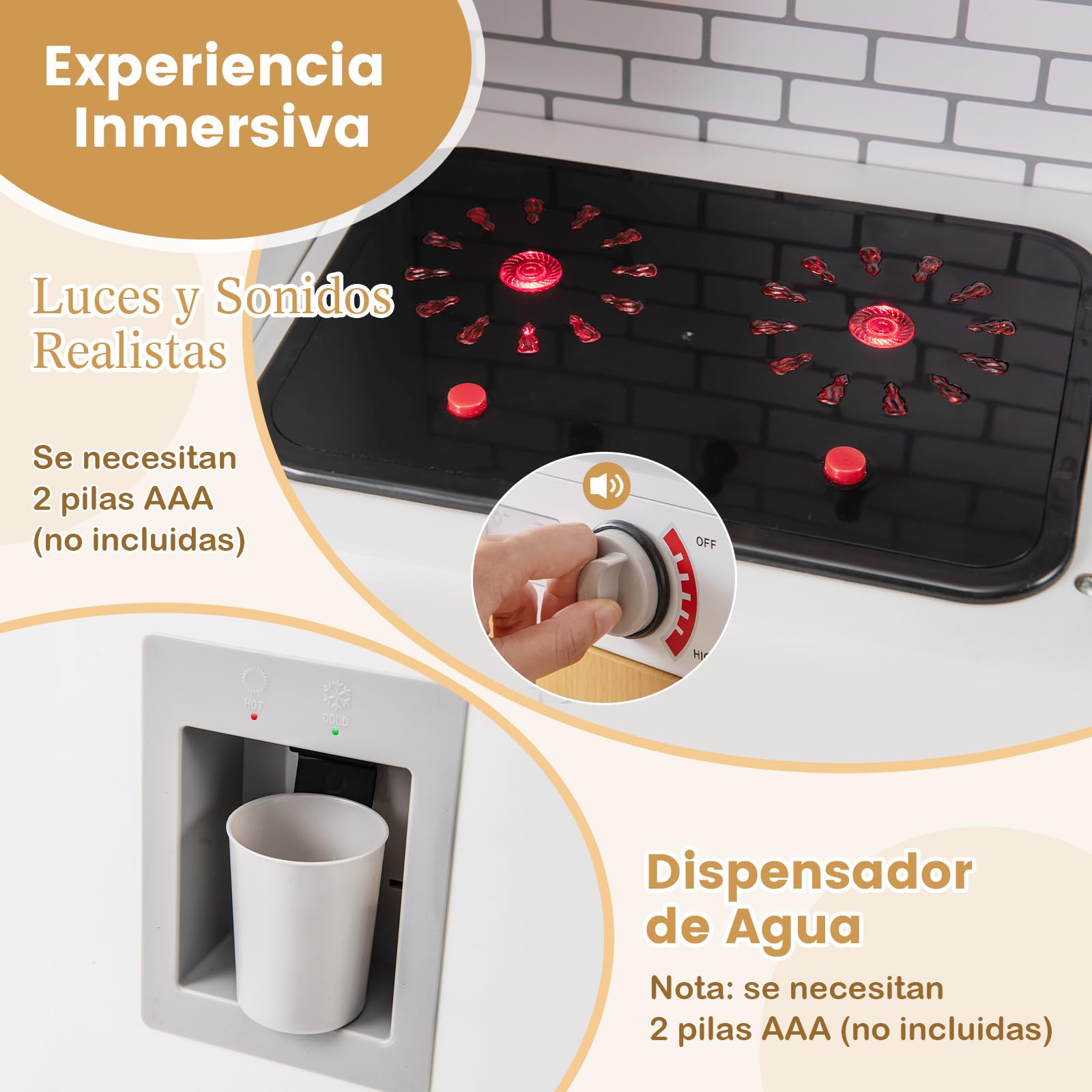 COSTWAY Cocina Juguete para Niños, Cocinita de Madera Infantil con Horno, Lavadora, Microondas, Dispensador de Agua, Teléfono, Sonidos y Luces Reales, Cocinita Infantil para Niños de 3+ Años (Blanco)