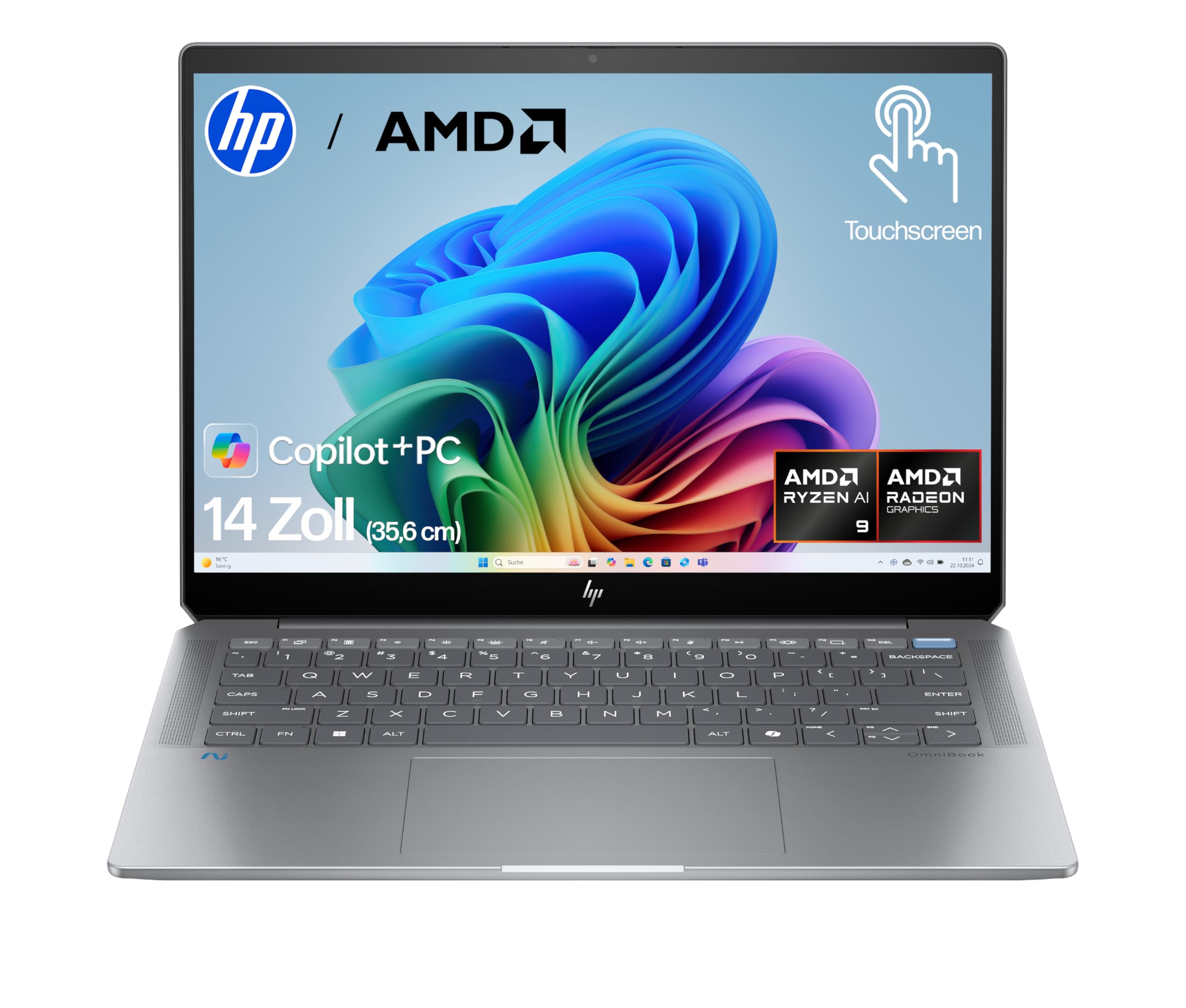 HP OmniBook Ultra Next Gen AI Laptop| AMD Ryzen AI 9 365 mit dedizierte NPU für KI | 50 NPU Tops | Copilot+ PC | 14" 2,8K Touchscreen 400 Nits | 16GB | 1TB SSD | Windows 11 Home | Silber
