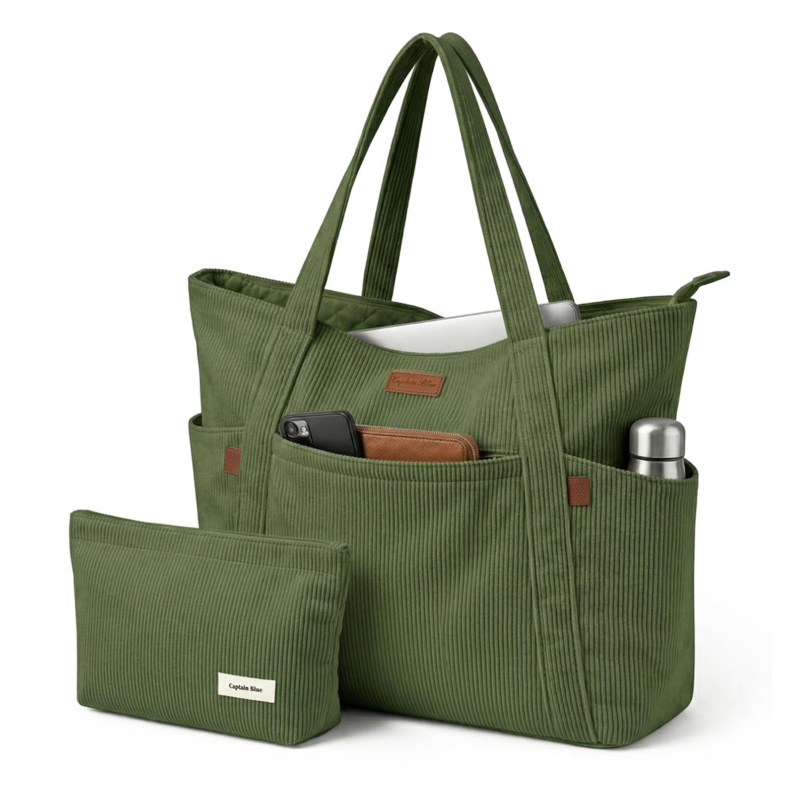 Captain Blues Cord Tasche Damen, Große Tote Bag mit Laptopfach, Shopper Tasche Damen mit Reißverschluss und weichem Baumwollfutter, Strandtasche, Arbeitstasche für Uni, Schule, Lehrer