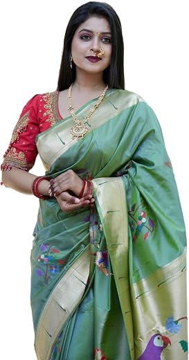 AMIRAT Women's Paithani Soft Silk Saree Pure Banarasi Silk Saree with Unstitched Blouse Piece