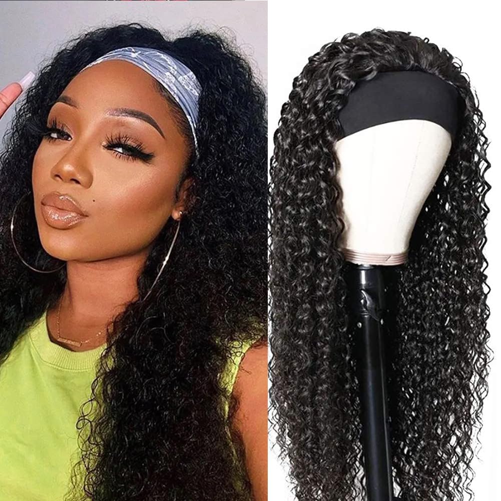 XSY Headband Wig Human Hair Deep Wave Human Hair Wigs for Black Women Curly Half Wig None Lace Front Wigs 150% Density 26 Inch Brazilian Virgin Hair Natural Color
