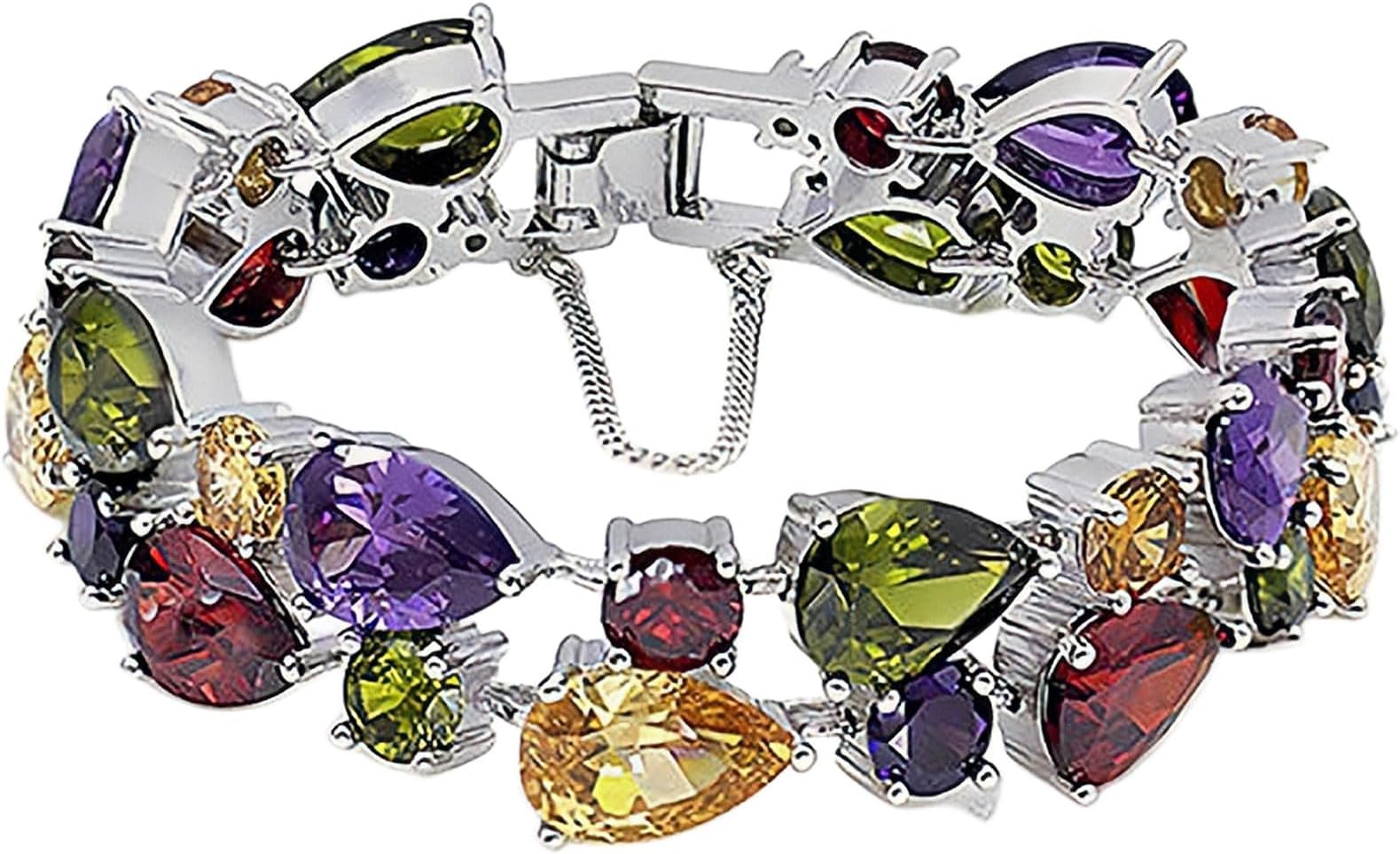 Silver Bangle Bracelets For Women Classic Fashion Bracelet with Gemstone Garnet White Topaz Amethyst Citrine Peridot Pink Topza 7 Inches