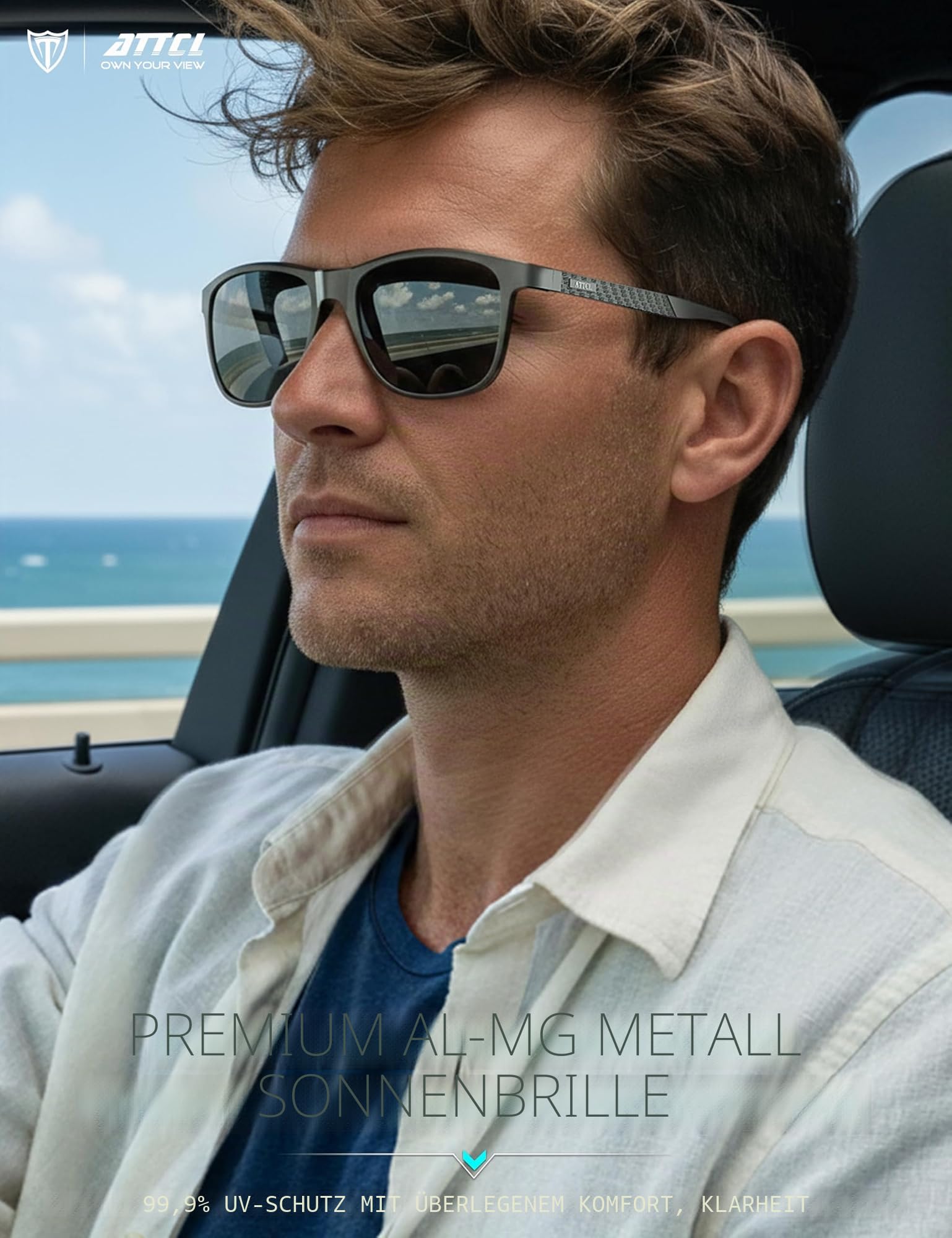ATTCL Polarisierte Herren-Sonnenbrille: Schutz UV400, leicht, Rahmen aus AL-MG, verspiegelte Gläser, Fahren, Wandern, Reisen, M