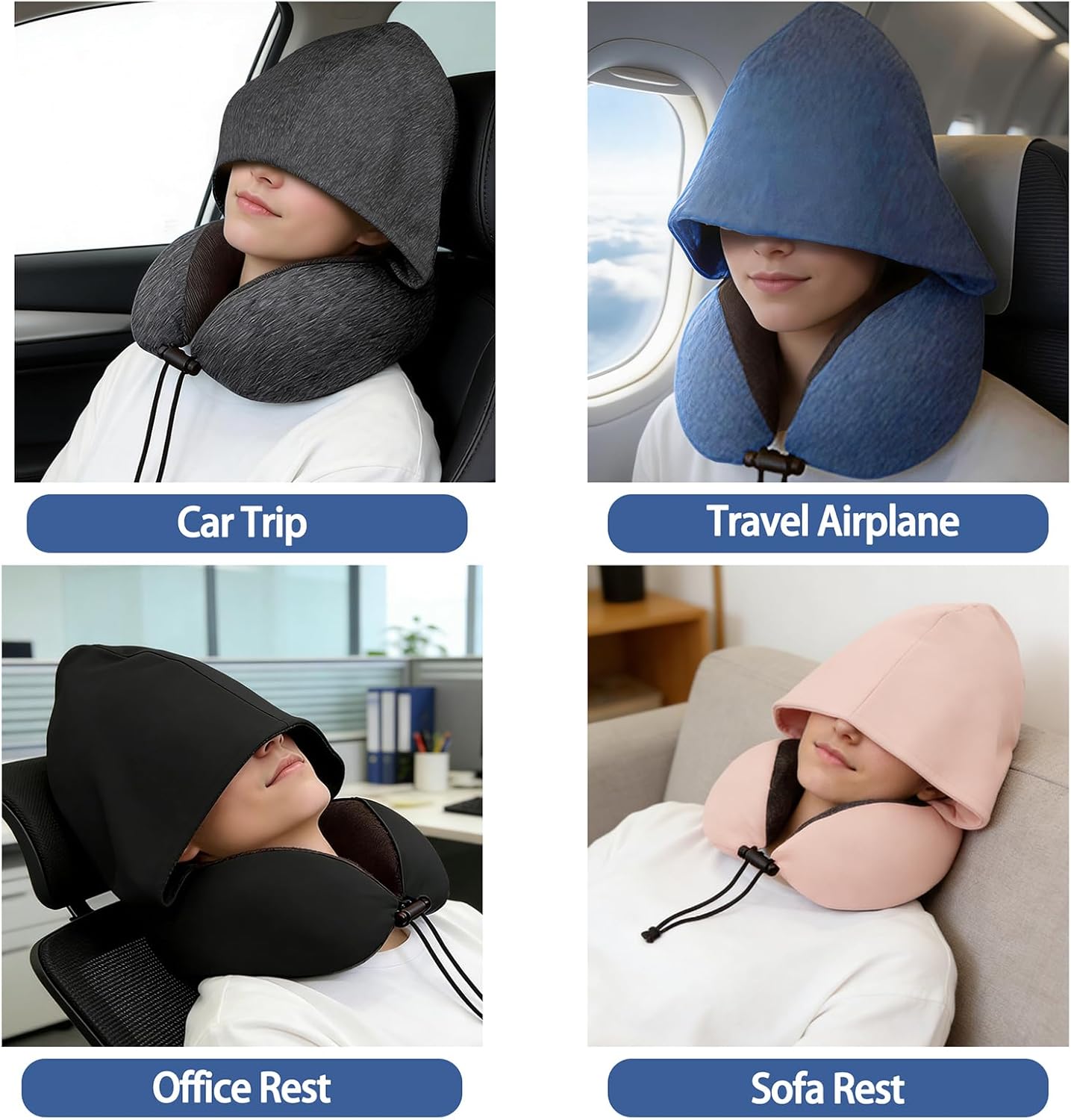 Travel Neck Pillow with Hood Memory Foam Sleeping Airplane Pillows Long Flight Neck Support Plane Essentials Black - Image 7