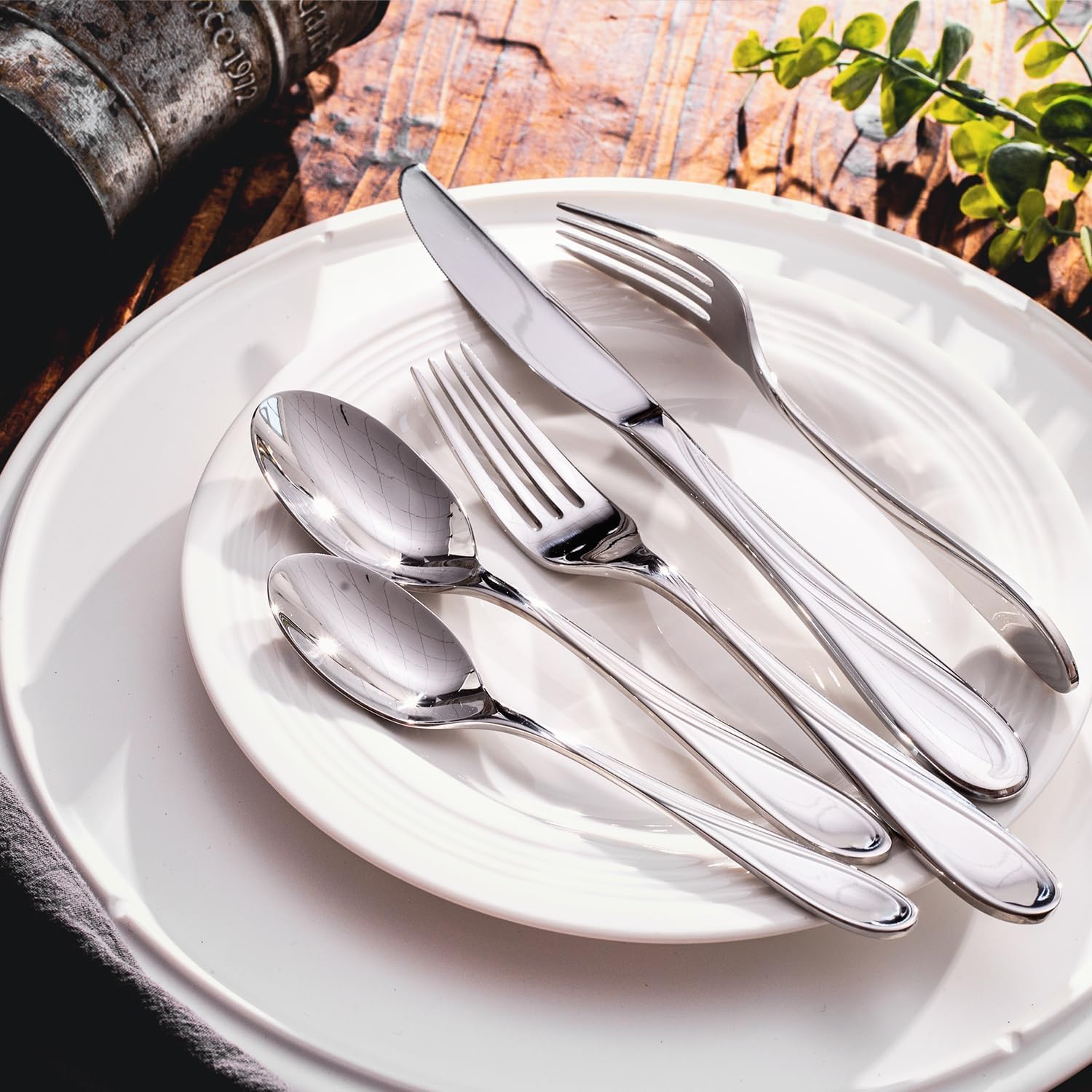 HIKAA Wave Design Silverware Set Service for 2, 10-Piece Artistic Stainless Steel Flatware Set with Fibonacci Pattern, Heavy Duty Mirror Polished Cutlery Set