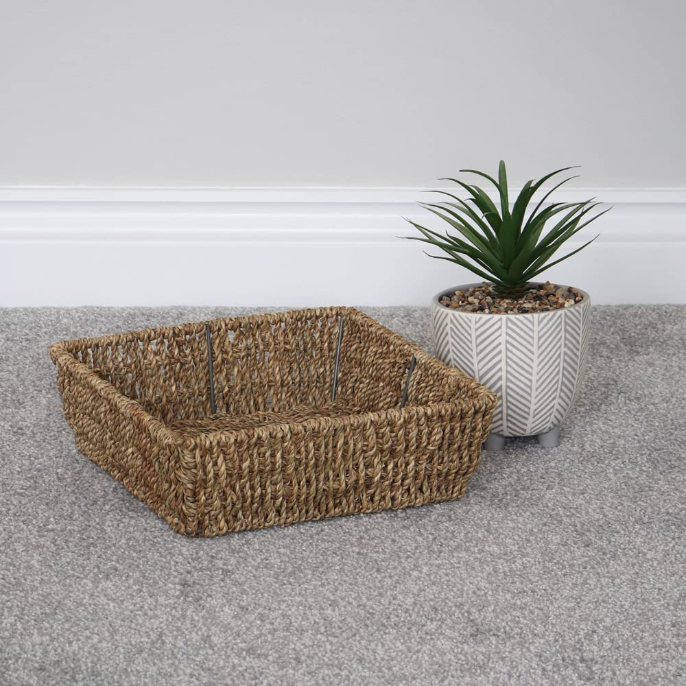 JVL Set Di 2 Cestini/Vassoi Quadrati In Alga Marina Intrecciata A Mano - 25x25x8 Cm - Capacità 4,2L - Decorazione Naturale Per Casa - 2