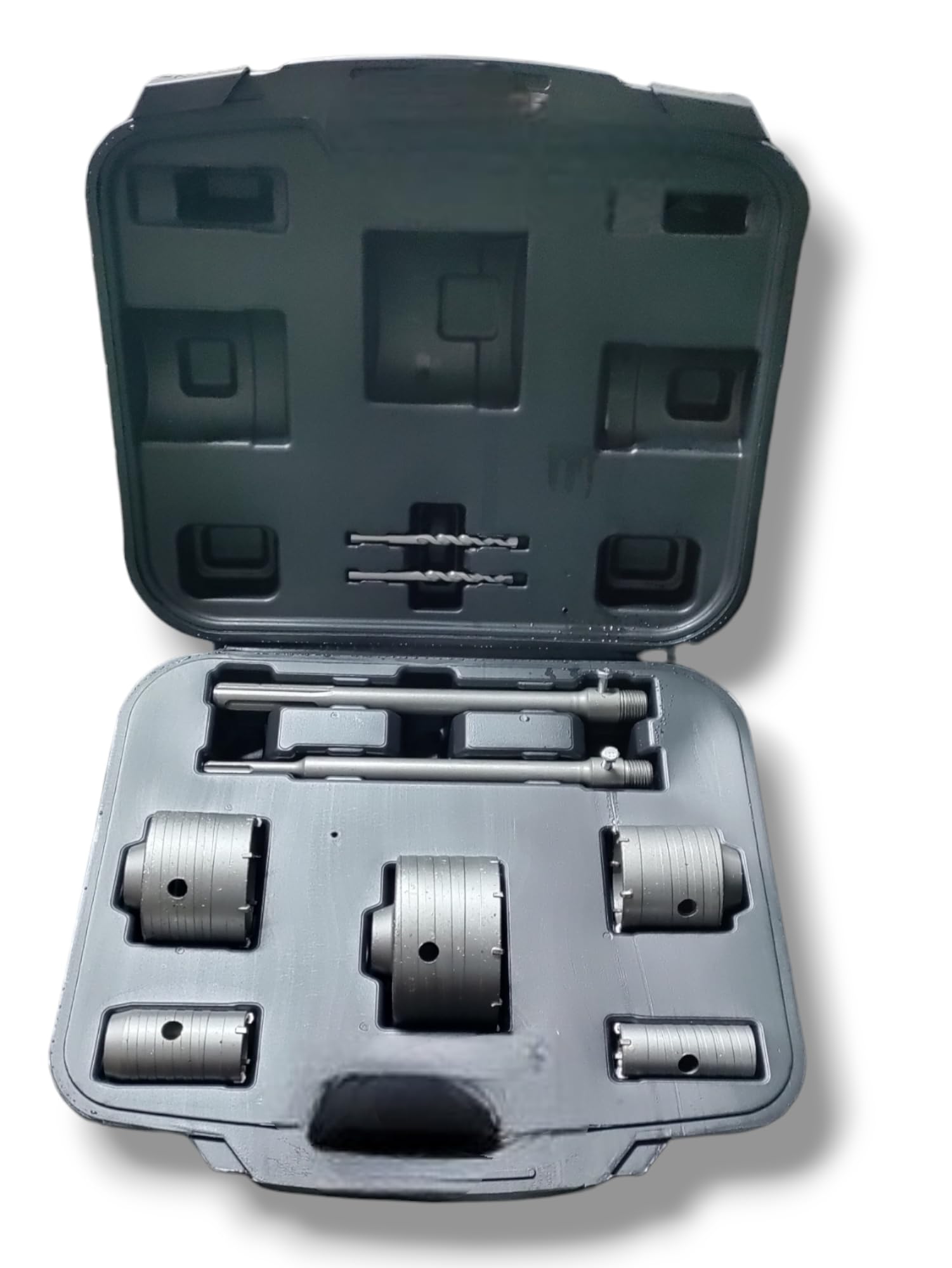 10 unidades para kit de 5 brocas widia para hormigon medida 30 40 65 80 100 mm dos soportes de montaje sds plus y sds Max 2 puntas de centrado + maleta de transporte
