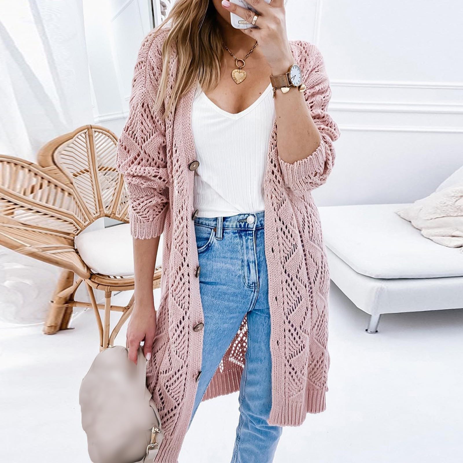 Cardigan Damen, Strickjacke Damen Lang Elegant, Leichte Sommerjacke Langarm Longstrickjacke Dünne Übergangsjacke Regular Fit Einfarbig Strickjacken Für Damen Elegant Strick Jäckchen Frühlingsjacke