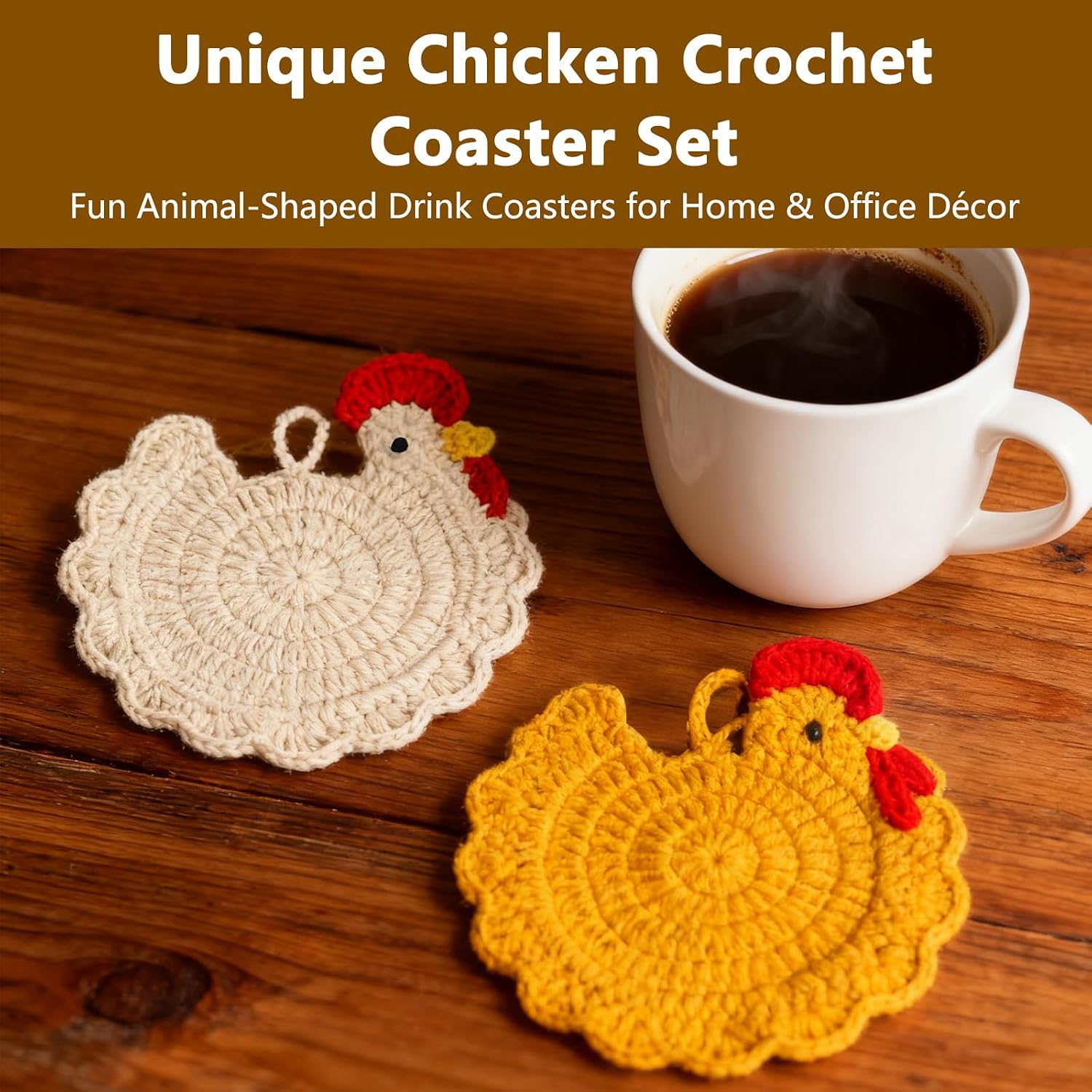 NIIIYTYB 2Pcs Handmade Crochet Chicken Coasters Cute Animal Drink Coasters for Coffee and Drinks Funny Desk Accessories for Women Unique Fun Chickens Home Decor for Kitchen Office and Tabletop Use image 3