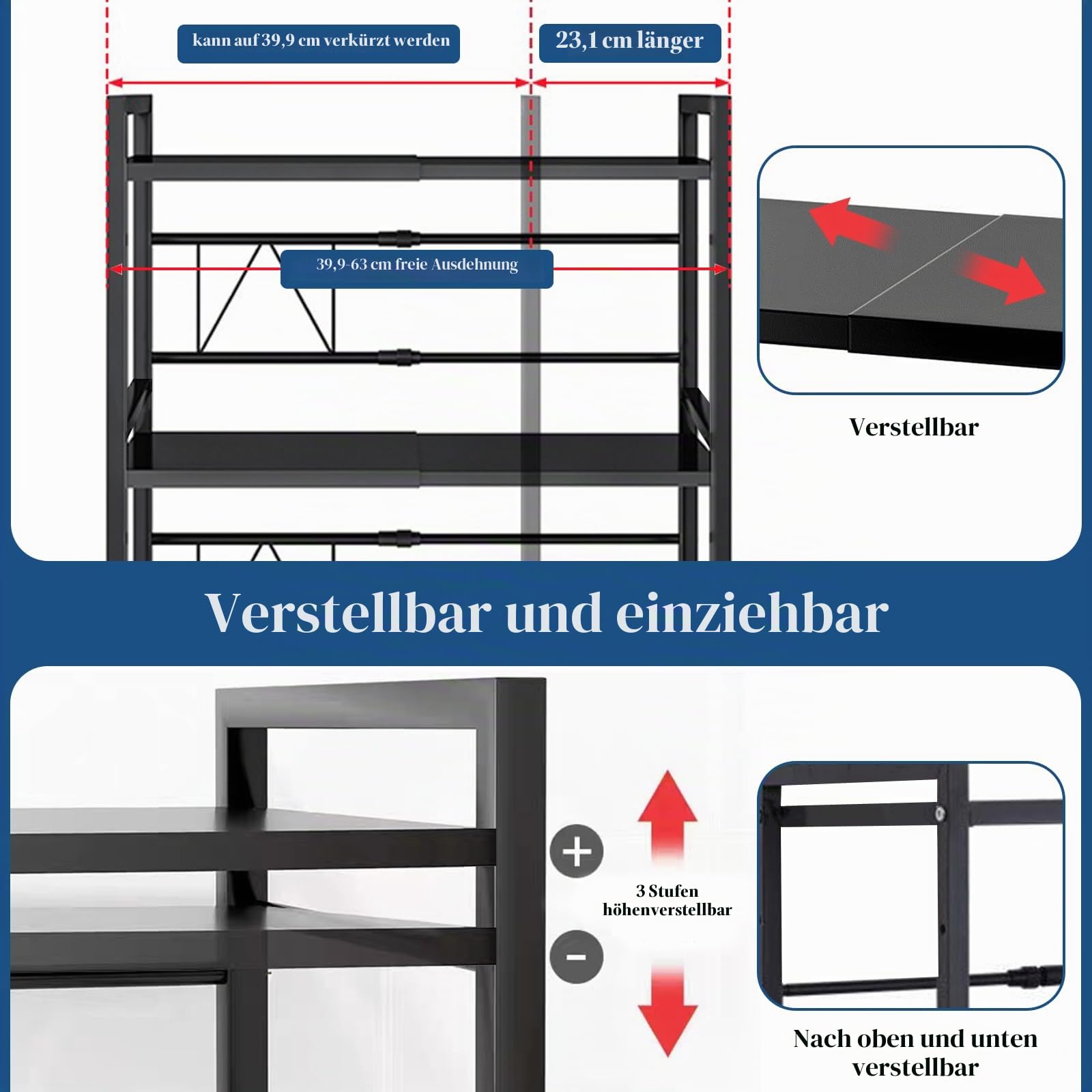 Mikrowellenregal Küchenregal stehend Stahl (3-stufig) | Mikrowellen Regal Mikrowellenschrank | Vorratsregal Bäckerregal höhen & längenverstellbare Ablage, mit 6 Haken - Schwarz