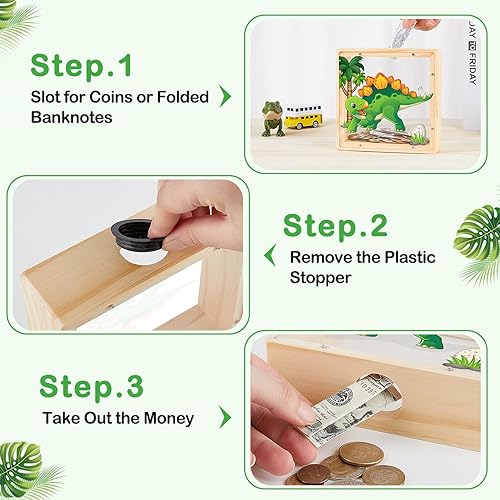 Miniatura 10 de Alcancía de madera para niños y niñas, banco de monedas con nombre de unicornio y dinosaurio con calcomanías de letras