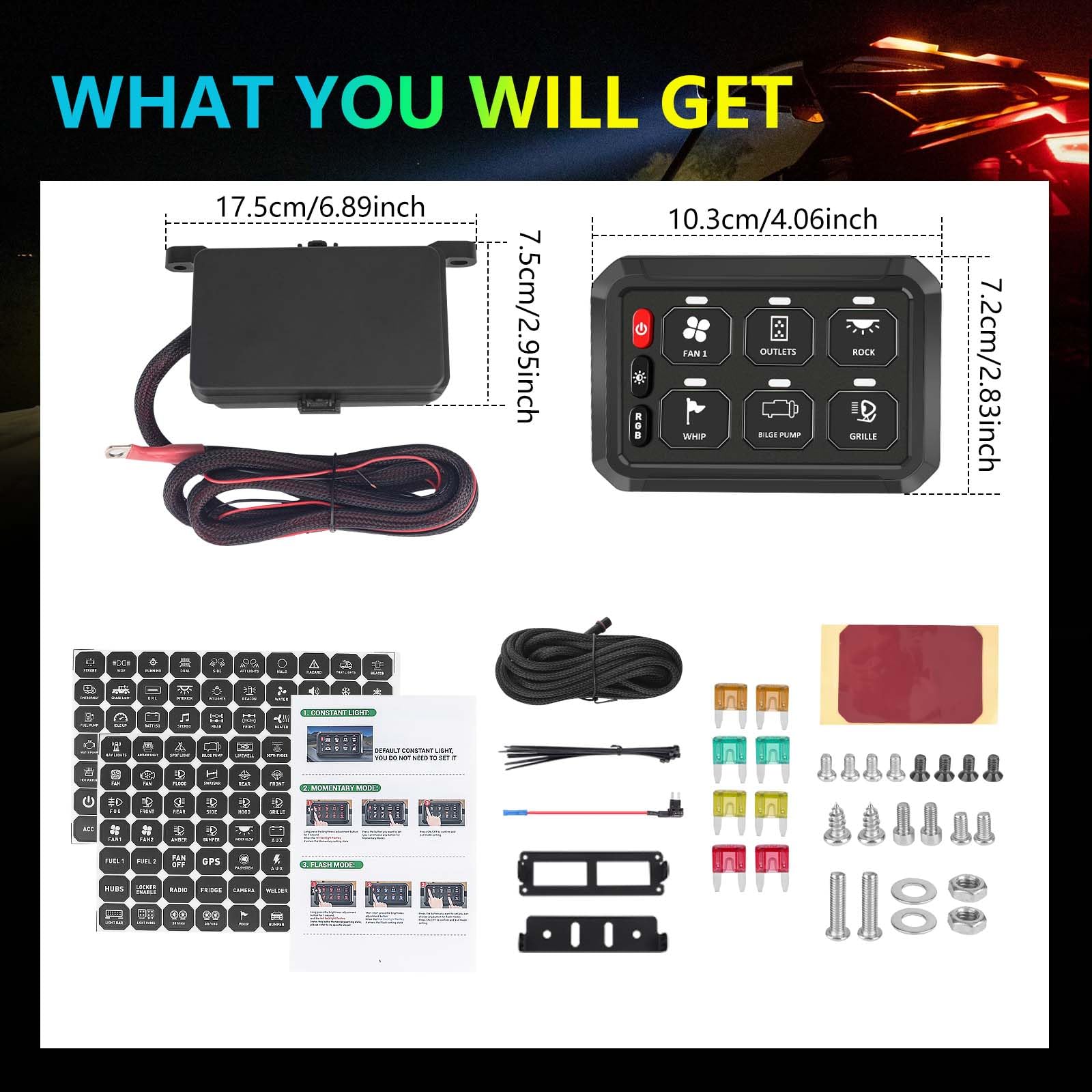 Chelhead 6 Gang Schalttafel, 12V Schalter Panel Kit impulsartig RGB 4 Beleuchtungsmodi schalterpanel,wasserdicht, dimmbar, universelles Schaltkreissteuerungsrelaissystem, kompatibel mit LKW, Offroad
