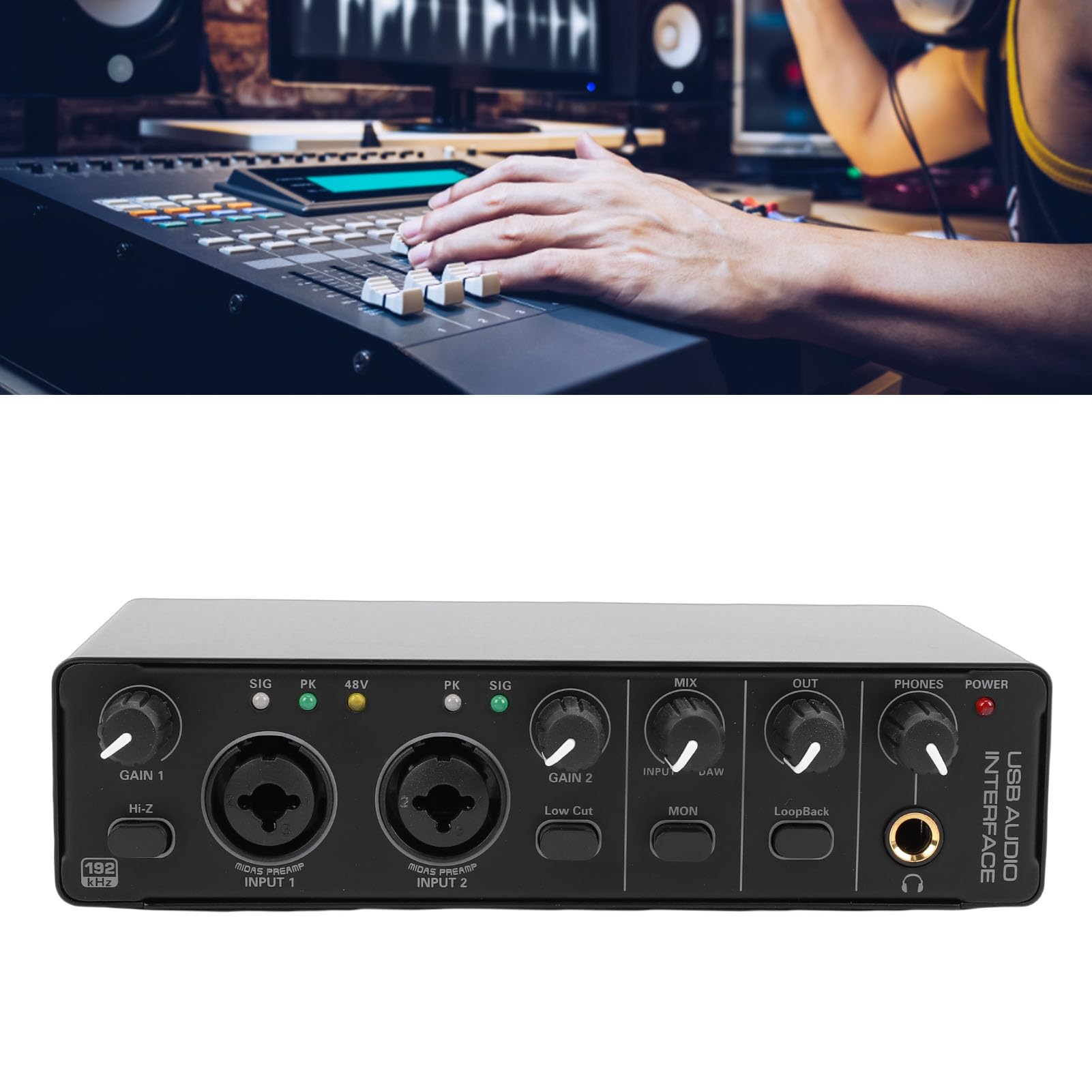 Fockety Interfaz de Audio USB C, Interfaz de Audio de Estudio de Grabación de 24 Bits 192 KHz con Entrada XLR y Alimentación Fantasma de 48 V para Grabación, Podcasting, Guitarrista (BLACK)