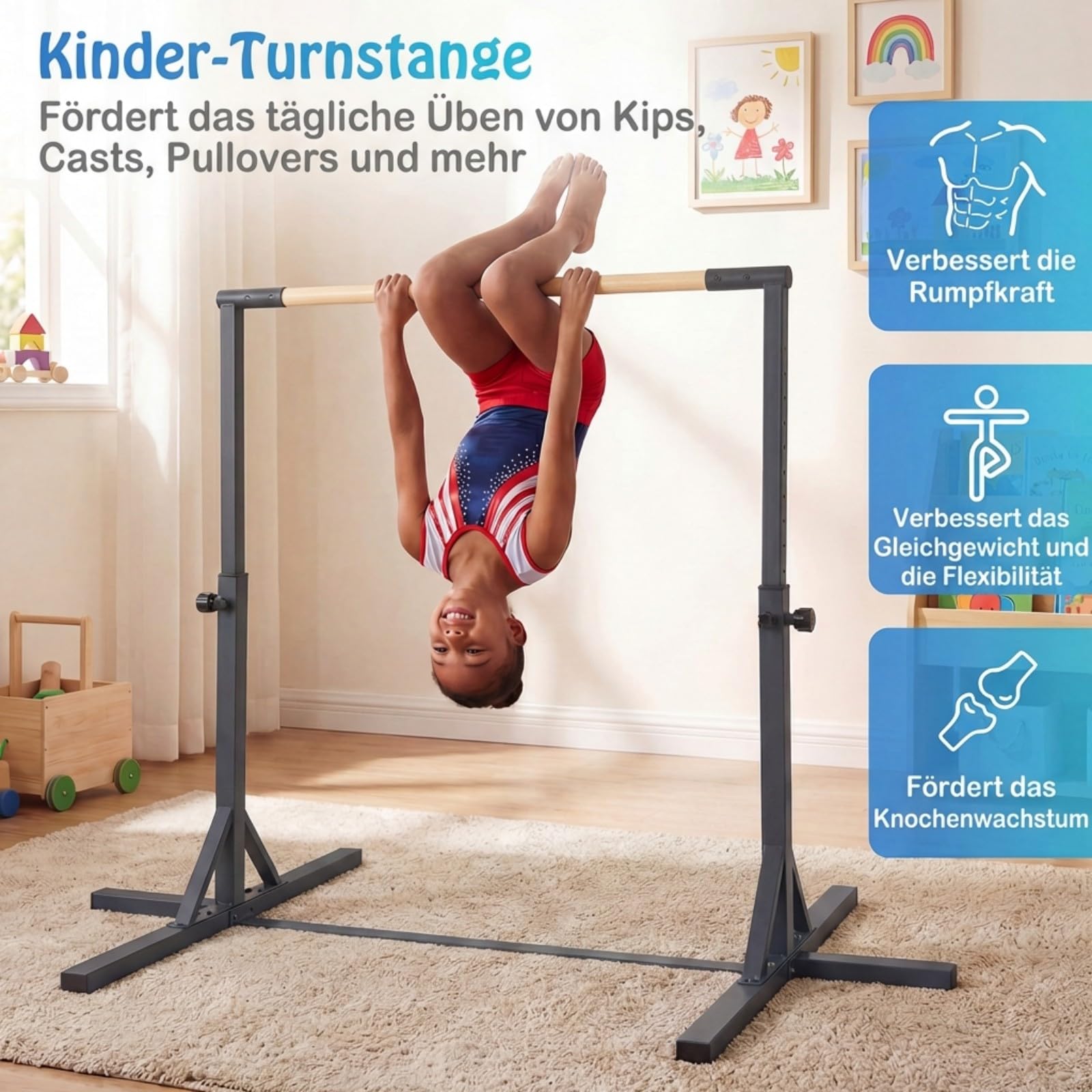 COSTWAY Gymnastik Turnreck, Reckstange Indoor mit verstellbaren Höhen, Gymnastikstange horizontal, Turnstange bis 150 kg belastbar, Turngeräte für Kinder ab 3 Jahren