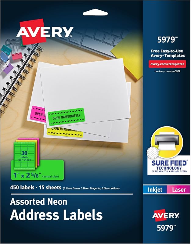 Printable Address Labels with Sure Feed, 1" x 2-5/8", Assorted Neon Colors (Magenta, Green and Yellow), Laser & Inkjet Compatible, 450 Blank Labels Total (5979)