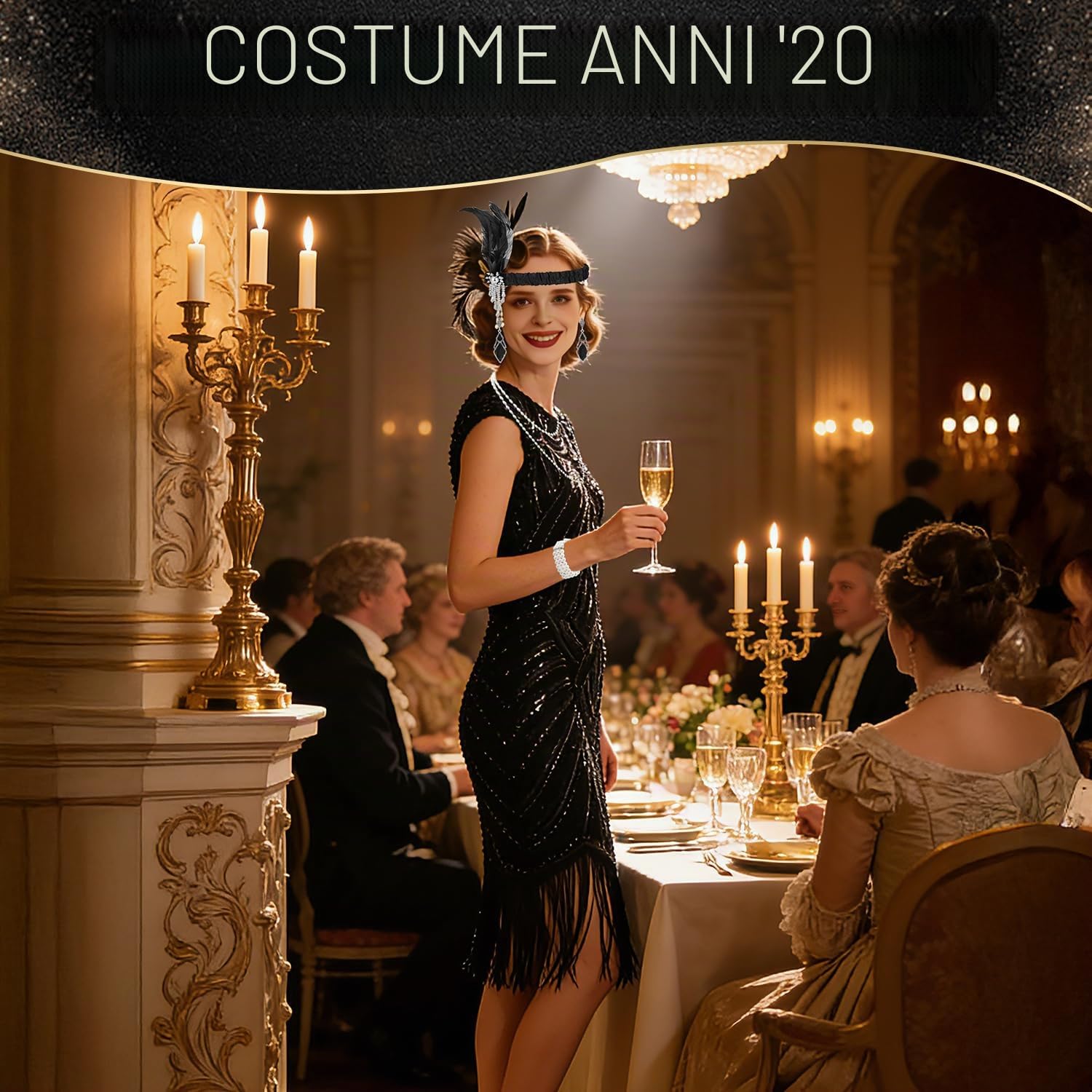 Vestito Anni 20 Donna,Costume da donna anni 20,abito da Charleston per Carnevale,Halloween,Ballo,Serata Festa
