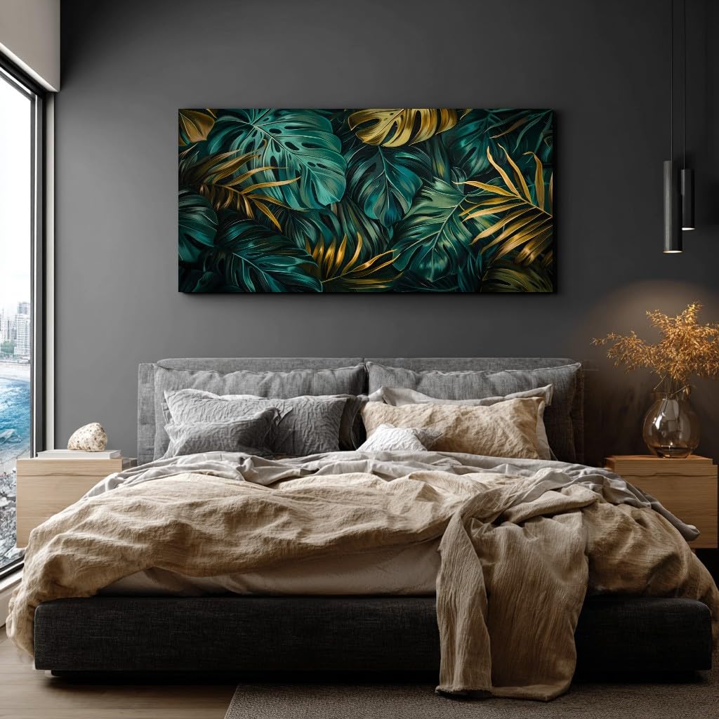 Wandbild Groß XXL Dschungel Fensterblatt Leinwandbilder Rahmen Botanisch | Palmblätter Bilder für Wohnzimmer & Schlafzimmer Luxuriöse Goldene Blätter Foto auf Leinwand Wanddekoration 60x120cm