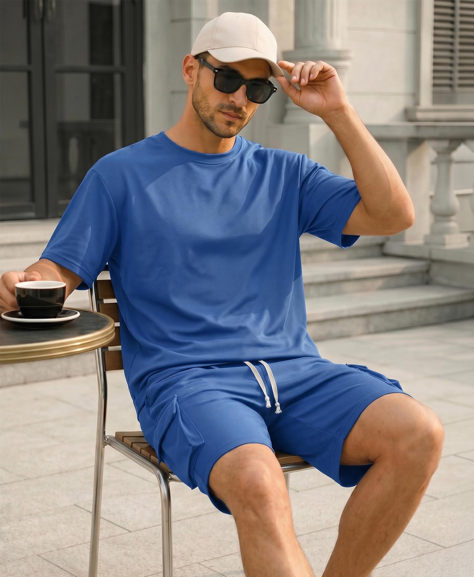 Husmeu Trainingsanzug Herren 2-teilig Sommer Streatwear Freizeitanzug – Einfarbig Kurzarm Rundhals T-Shirt + Shorts mit Kordelzug Jogginganzug Herren Set Casual Kurzarm Und Cargoshorts Zweiteiler