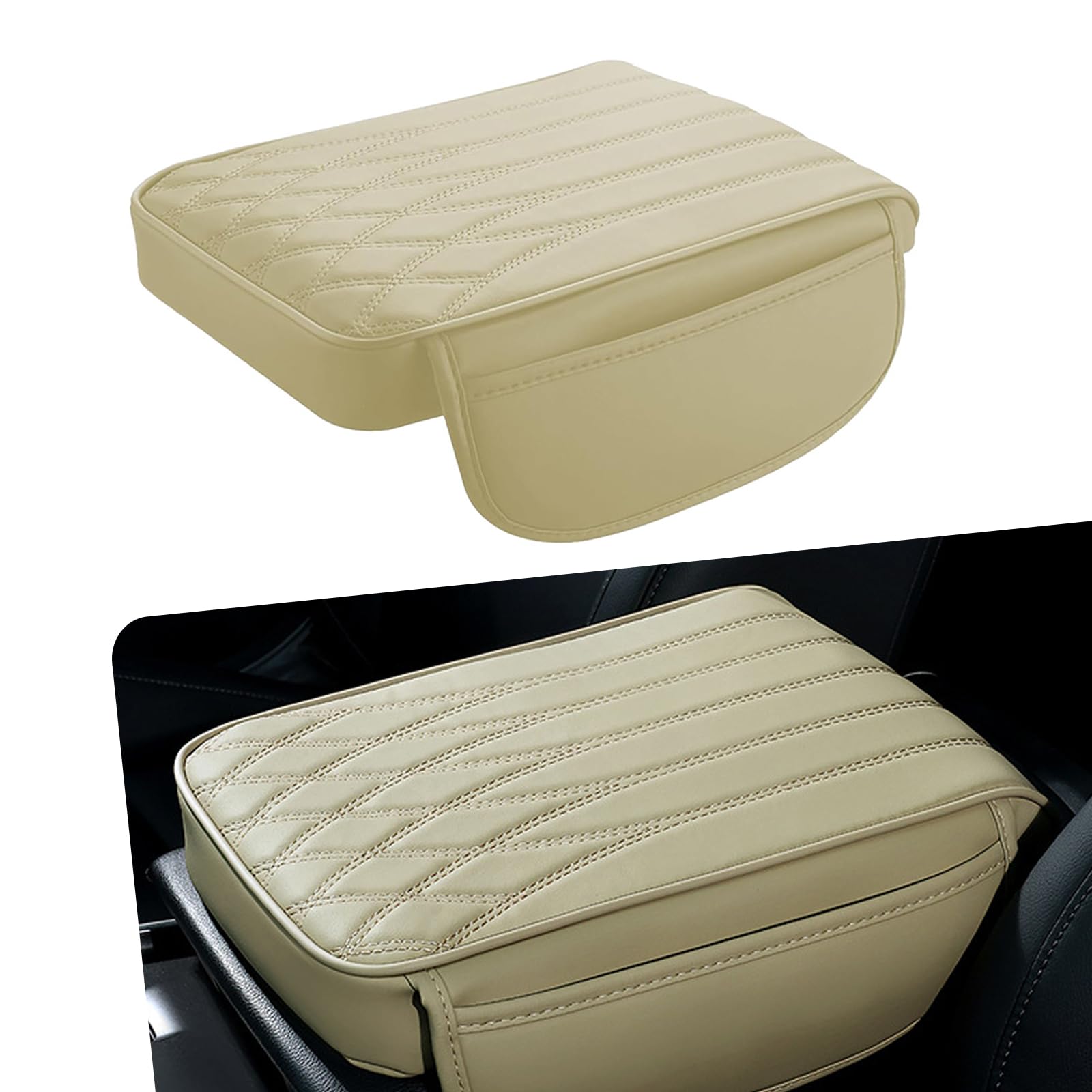 1 PC Car Center Console Armrest Cover, 12.59" x 8.66" x 1.96" Leather + Memory Foam Non-Slip Pressure Relief Protective Armrest Pad with Pocket on Both Sides, Suitable for Cars (Beige)