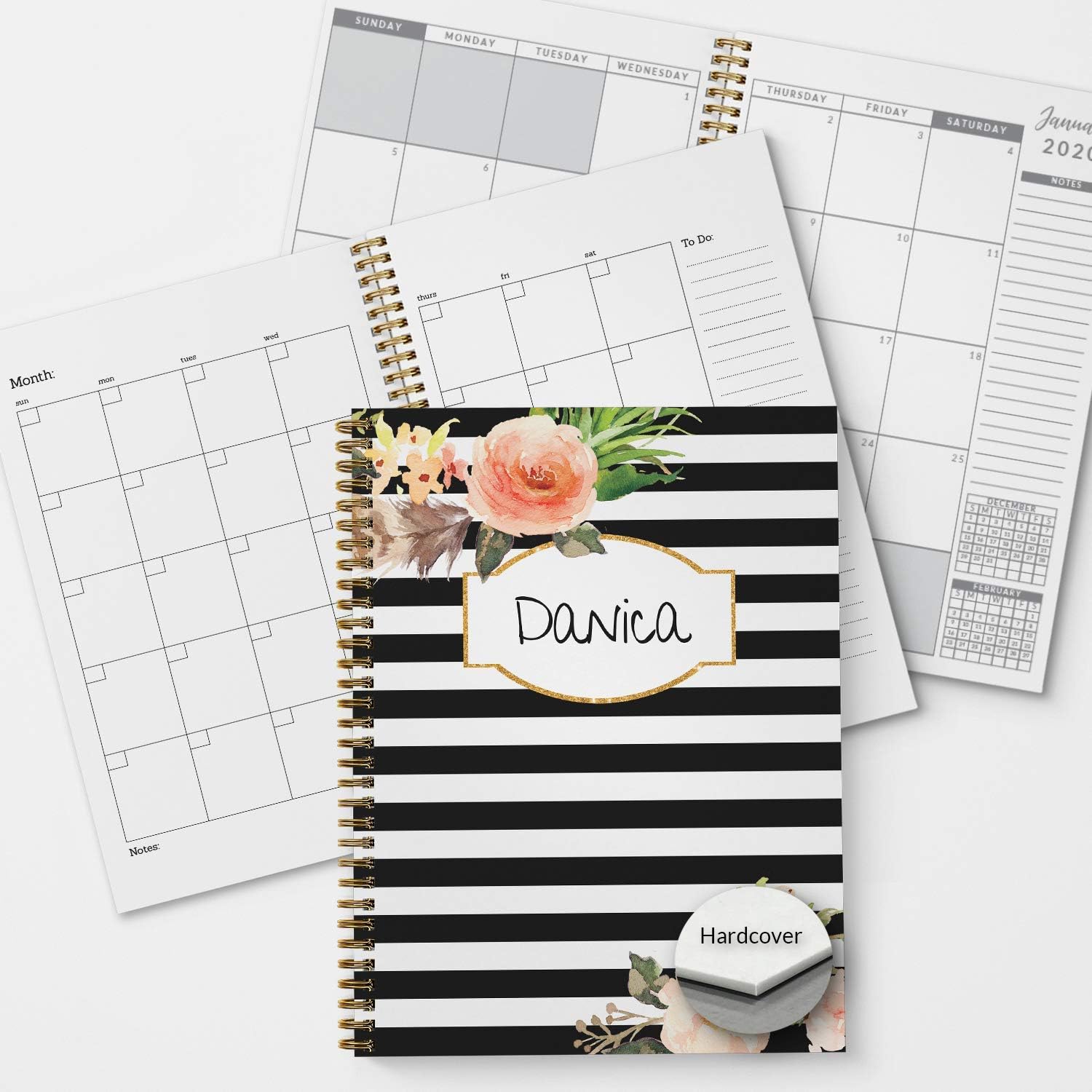 Classic Floral Personalized Monthly and Weekly HARDCOVER Planner and Organizer, 1 full year, January-December DATED or UNDATED OPTION, 5.5" x 8.5", lay flat wire-o spiral binding