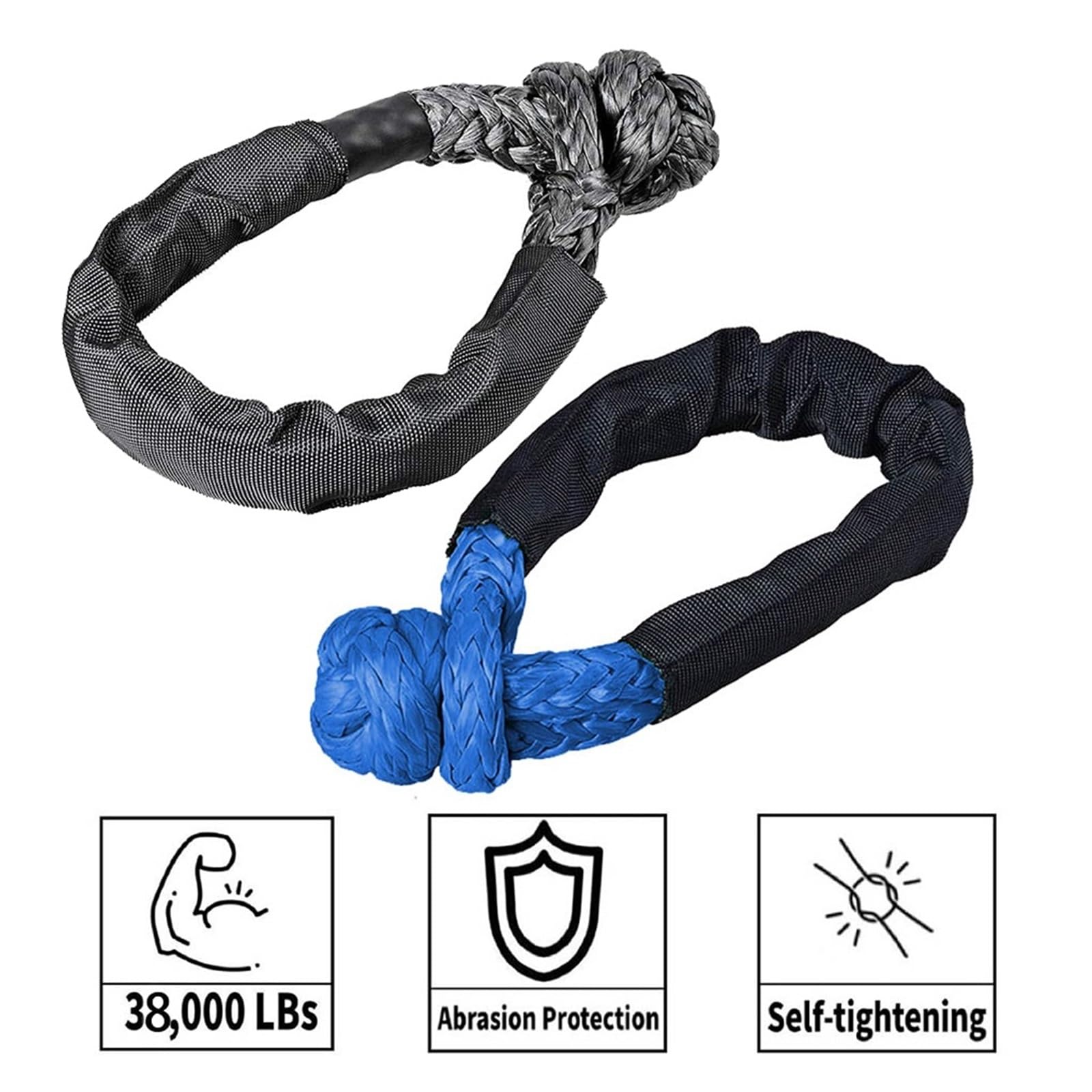 Syntetyczna Miękka Szekla Wciągarka Linowa Haki Holownicze Zwolnij Pasek Z Klamrą 38 000 Funtów Łamanie Dla SUV 4x4 ATV Truck Pickup UTV Offroad Solidna I Niezawodna(2 pieces blue)