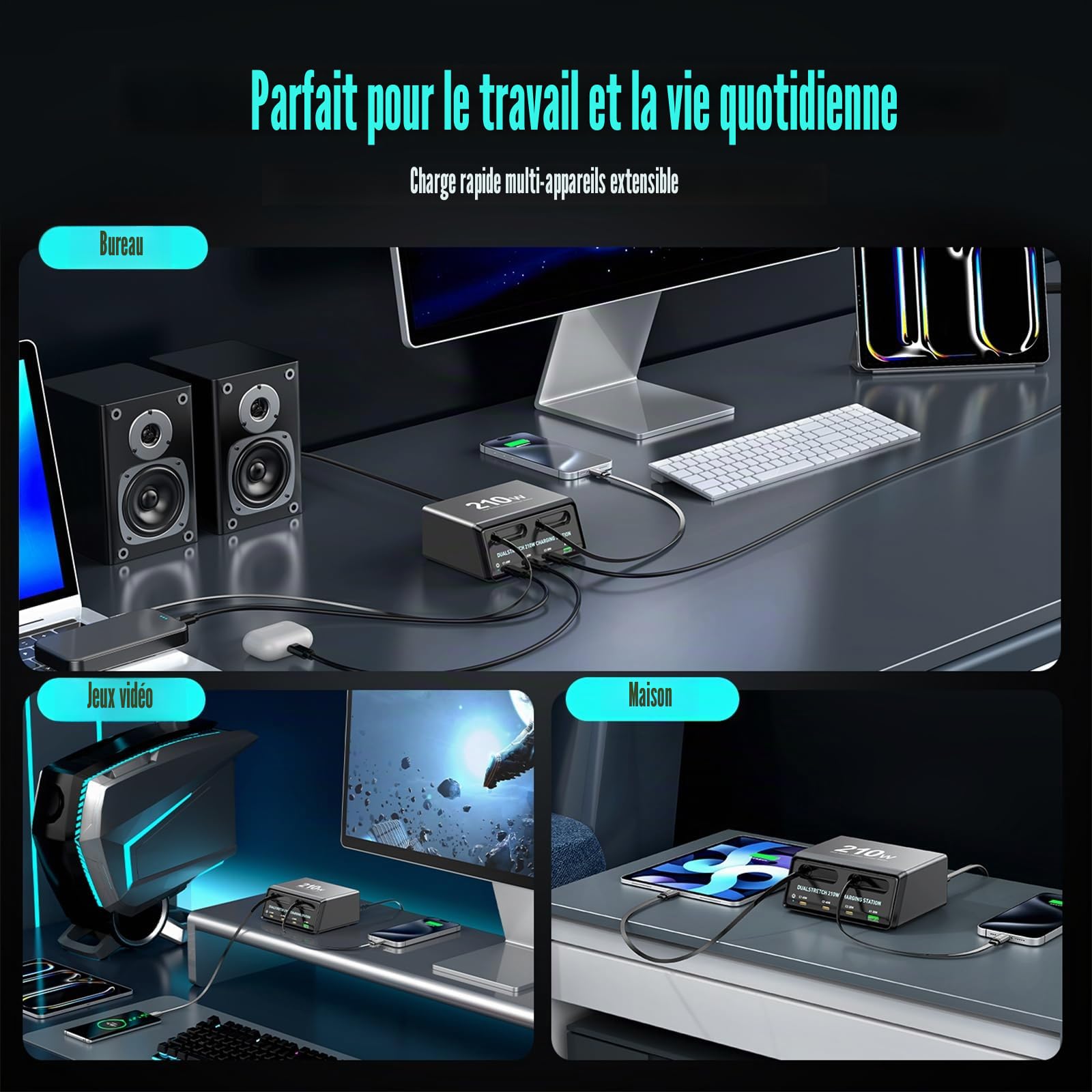 Chargeur GaN 210W, avec 2 câbles rétractables, station de charge USB-C à 6 ports (5C 1A), double port 45W pour MacBook et ordinateur portable, charge rapide pour voyage, compatible avec iPhone, iPad