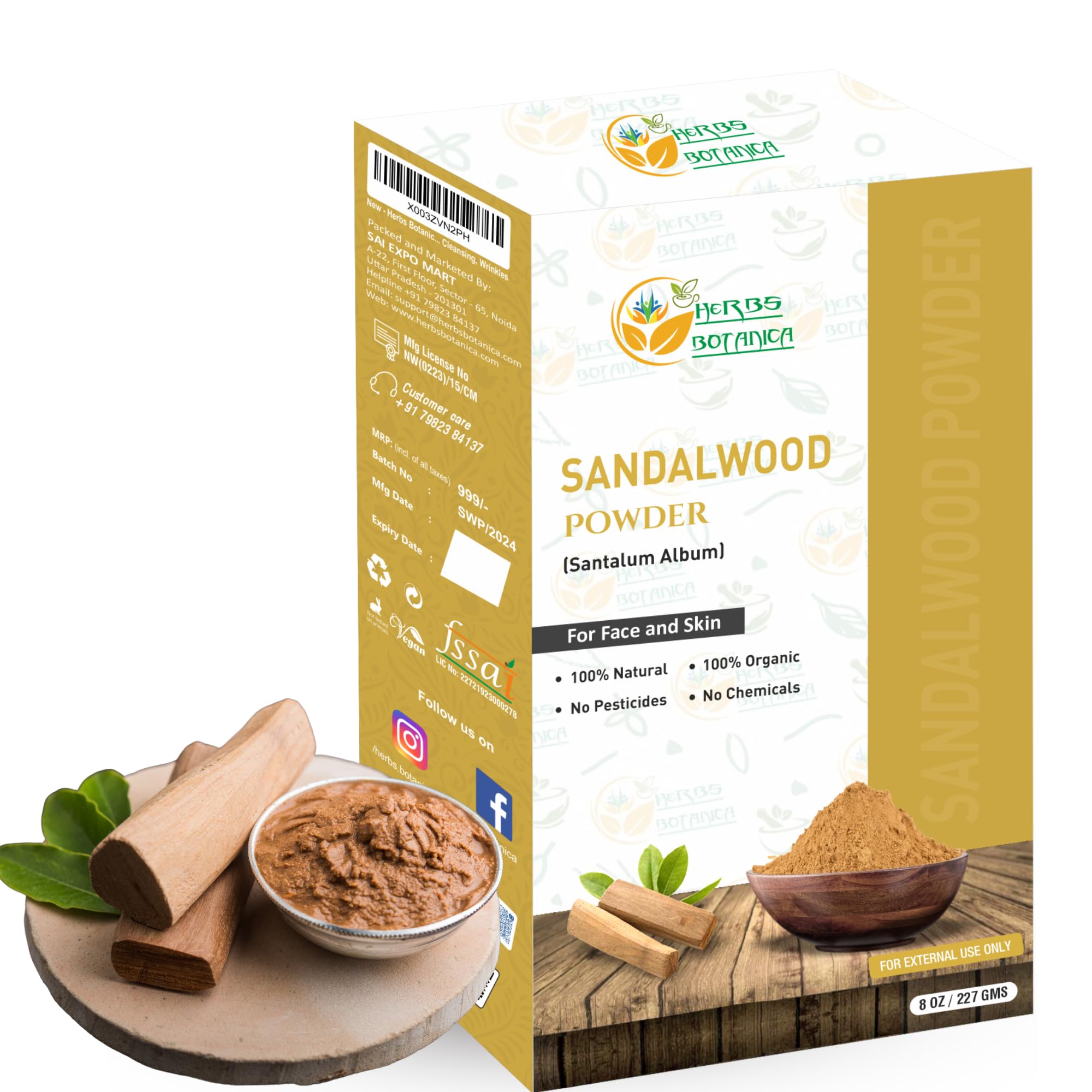 Herbs Botanica Chandan Sandalwood Powder Organic 227gm / 8 oz for Skin Face Pack, Face Mask, Worship Tilak
