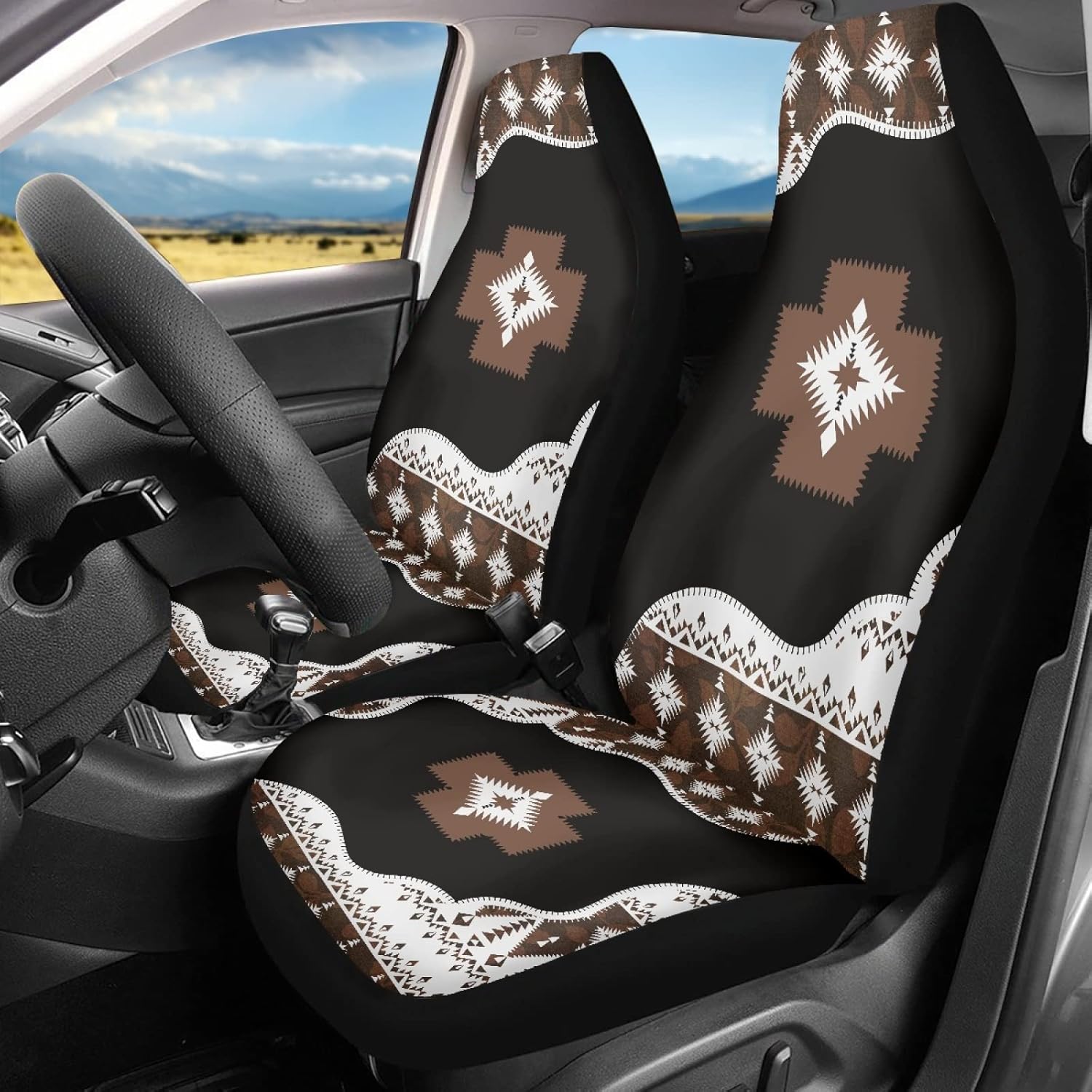 Dreaweet Boho Car Accessories Aztec Seat Covers for Cars SUV Trucks,Native American Indian Ethnic Tribal Geometric Pattern Car Seat Covers Front Seats Only,Brown Navajo Design
