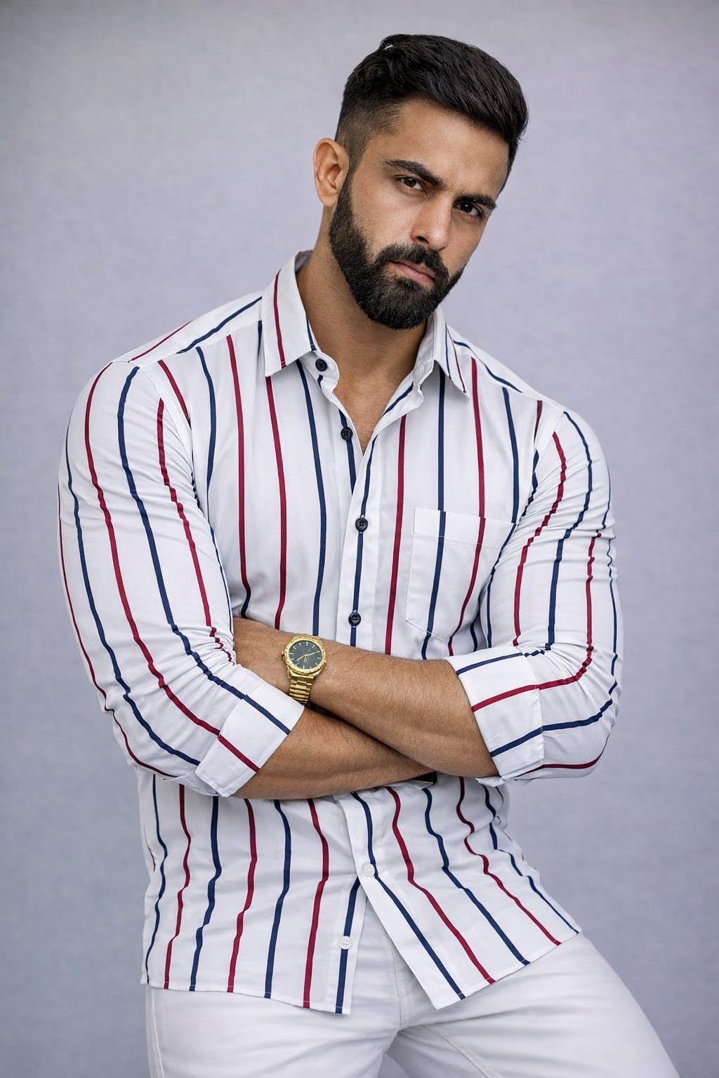 Men's Striped Casual Shirt, White with Red and Blue Stripes, Long Sleeve, Collared-picture-27