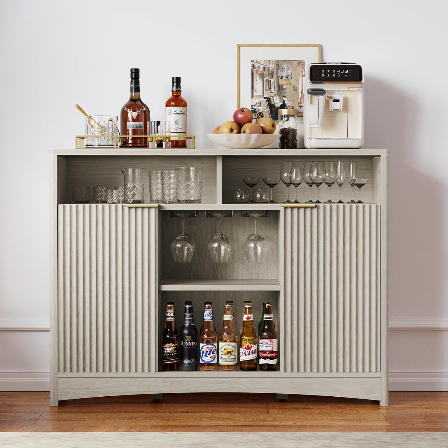 Pipishell Fluted Wine Bar Cabinet in grey, fully assembled and stocked with bottles, glasses, and a coffee machine.