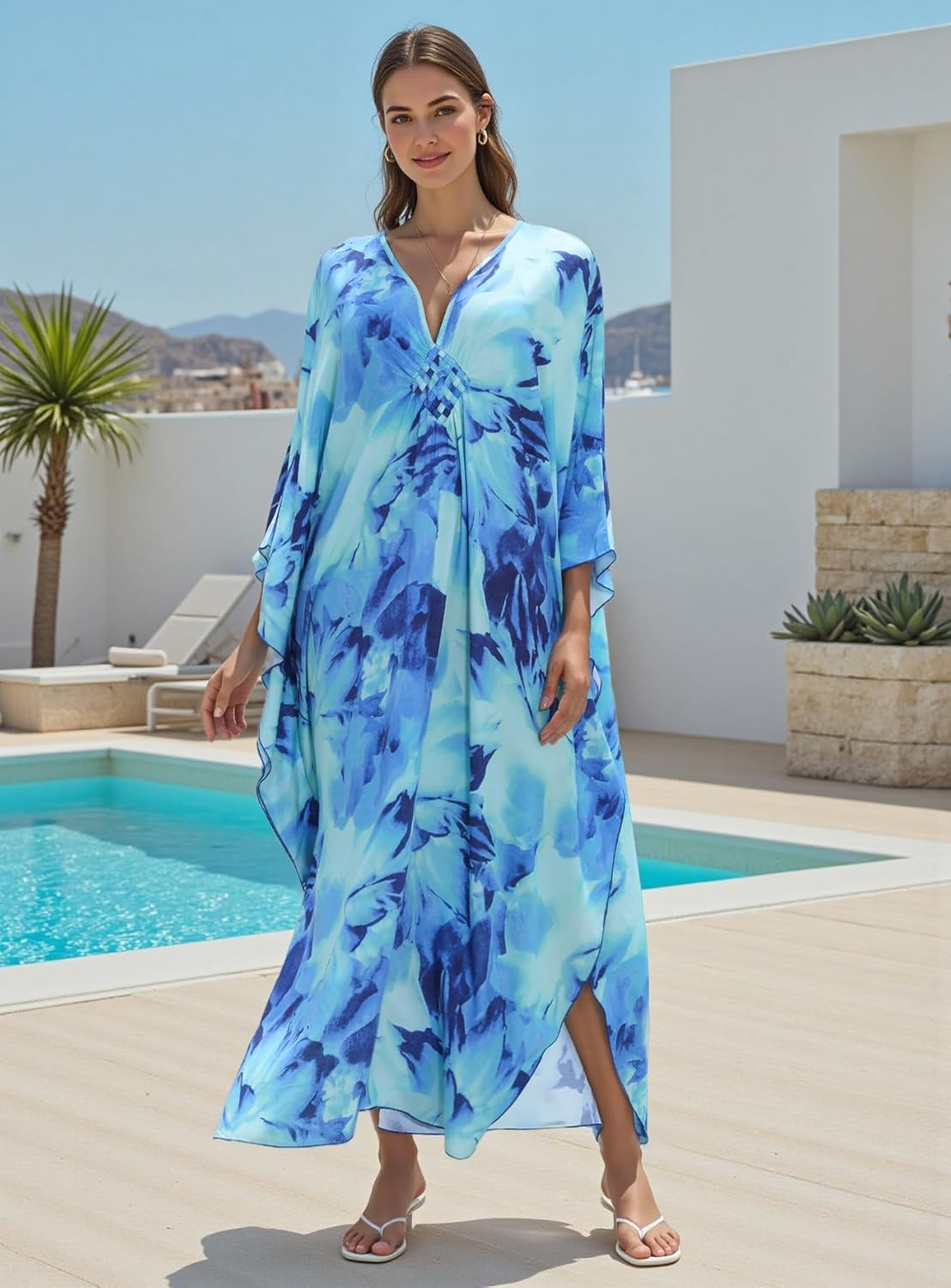 Women's Plus Size Kaftan Dress - Batwing Sleeve Long Beach Cover Up Maxi Dress Swimsuit Cover Loungewear - Image 4