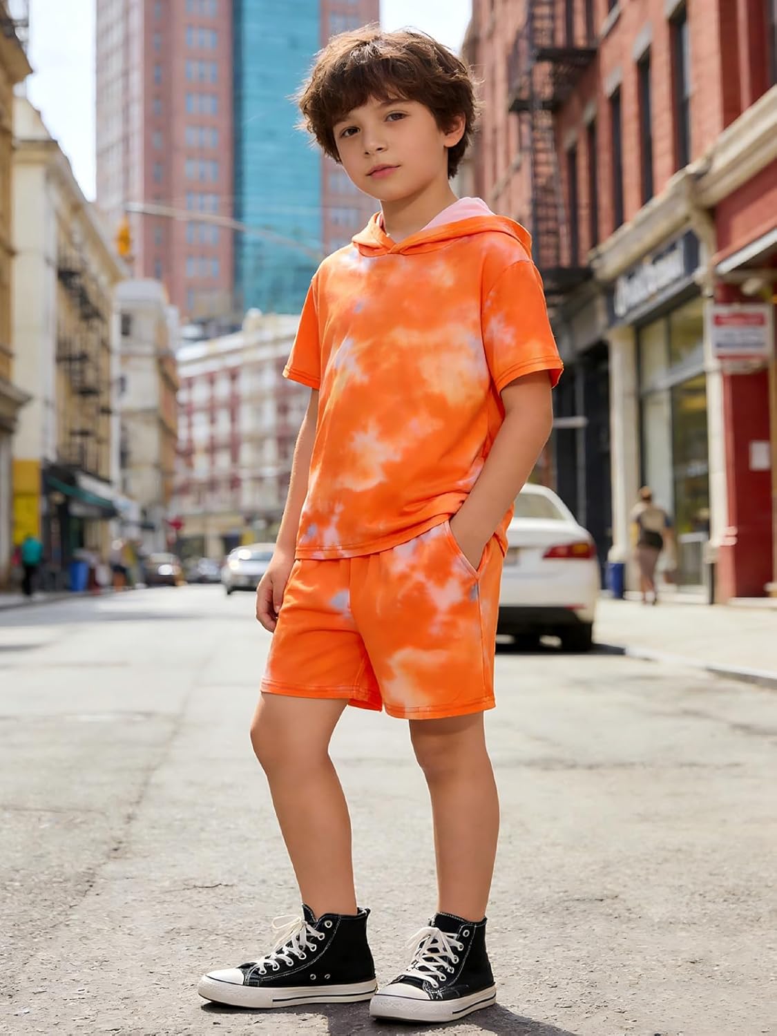 Boys 2 Piece Outfits Tie-Dye Hooded Short Sleeve T-Shirt and Shorts Set Summer Clothes for Kids 6-13 Years - Image 3