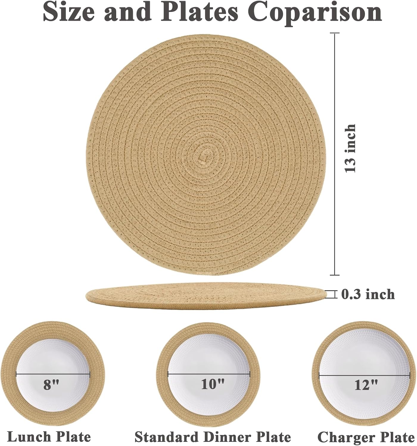 Round Placemats Set of 6, Cotton Rope Woven Table Mats, Hot Pads for Kitchen, Non Slip Heat Resistant Place Mats, 13 Inches Braided Placemat for Farmhouse Decor and Kitchen Table Decor (Khaki)