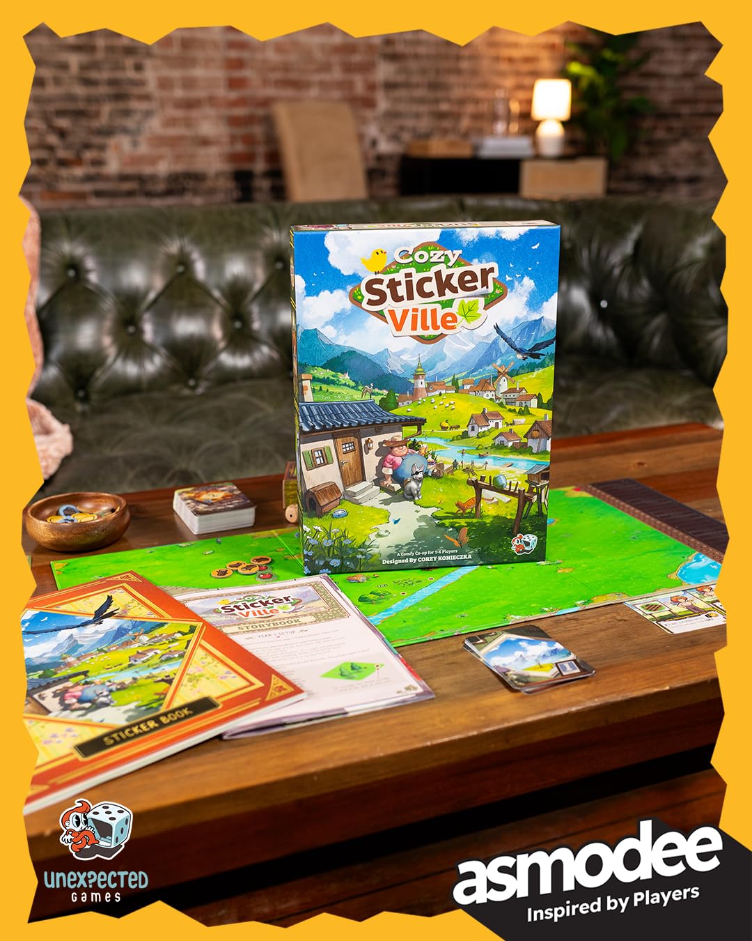 Asmodee, Cozy Stickerville, wersja DE, kooperacyjna gra rodzinna dla 1-6 graczy od 8 lat, gra planszowa z 30-60 minutami gry na grę