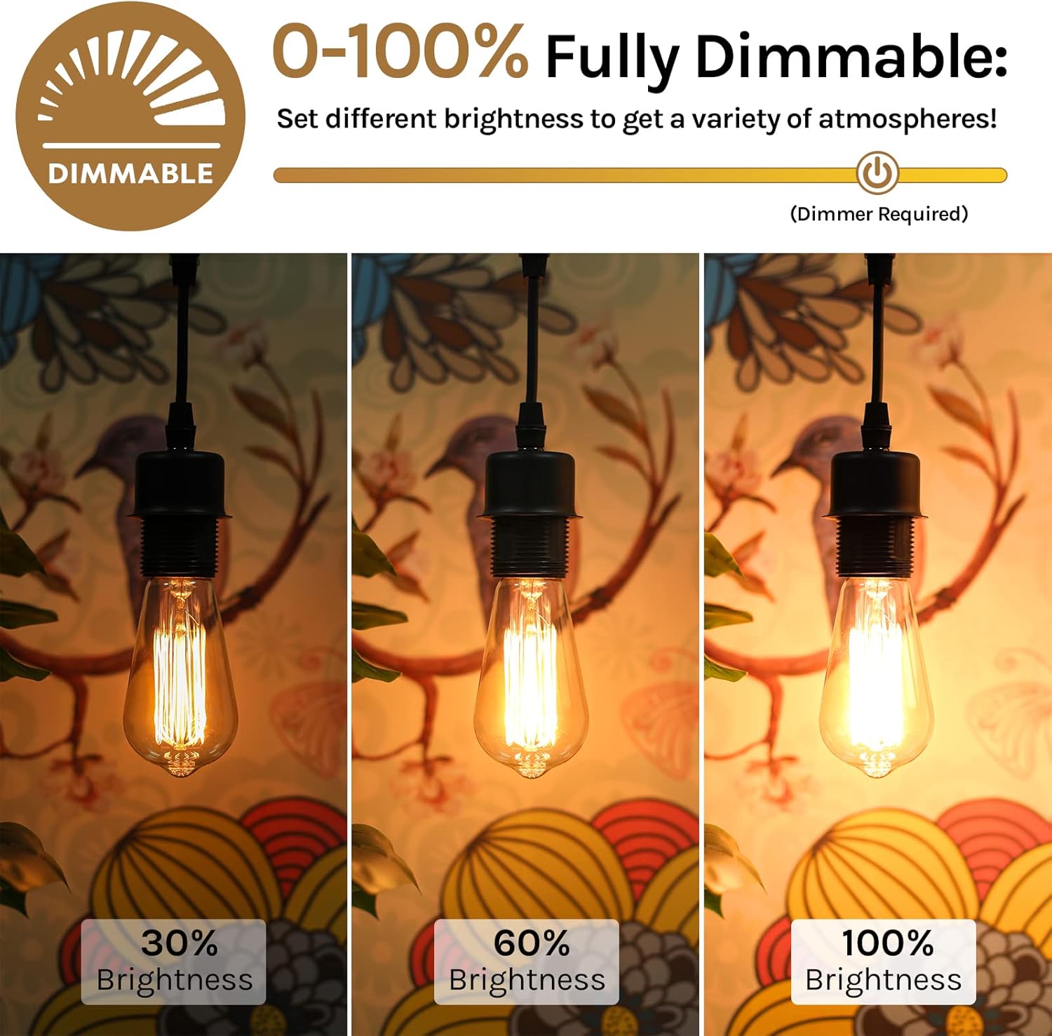 60 Watt Incandescent Edison Light Bulbs, Vintage Dimmable E26 Bulbs, ST58 2200K Warm White Antique 260LM E26 Medium Screw Base Amber Filament Bulbs for Home, Bedroom, Office, Decorative Lamp(4-Pack)