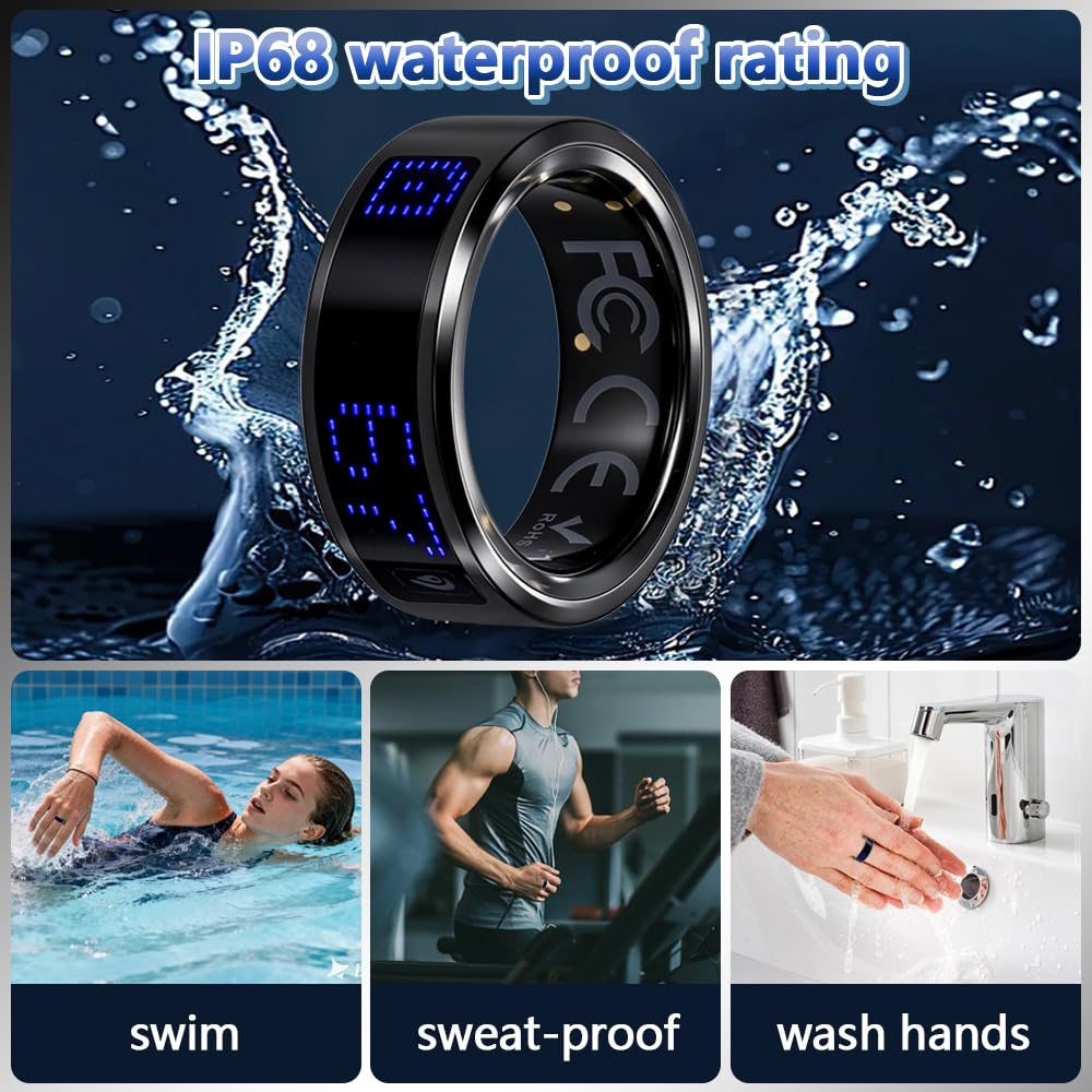 Anello Smart con Schermo LED Controllo Touch Compatibile con iOS/Android | Smart Ring IP68 Impermeabile, Salute Femminile, Più Modalità di Sport, Monitoraggio del Sonno, Nessun Abbonamento
