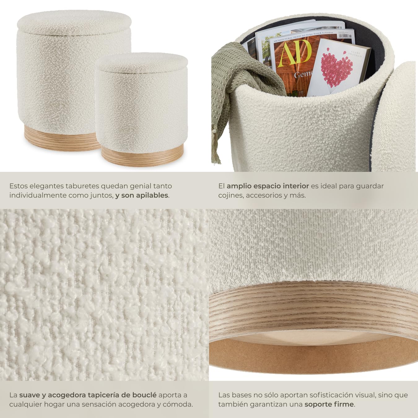 tectake® Taburete Grande y Pequeño, 2 Taburetes Acogedores y Apilables, Tela Bouclé, Escandinavo, Carga 120 kg, MDF, Gran Puff Salon Almacenaje para Hogar, Pequeño Zapatero Entrada Recibidor - Crema