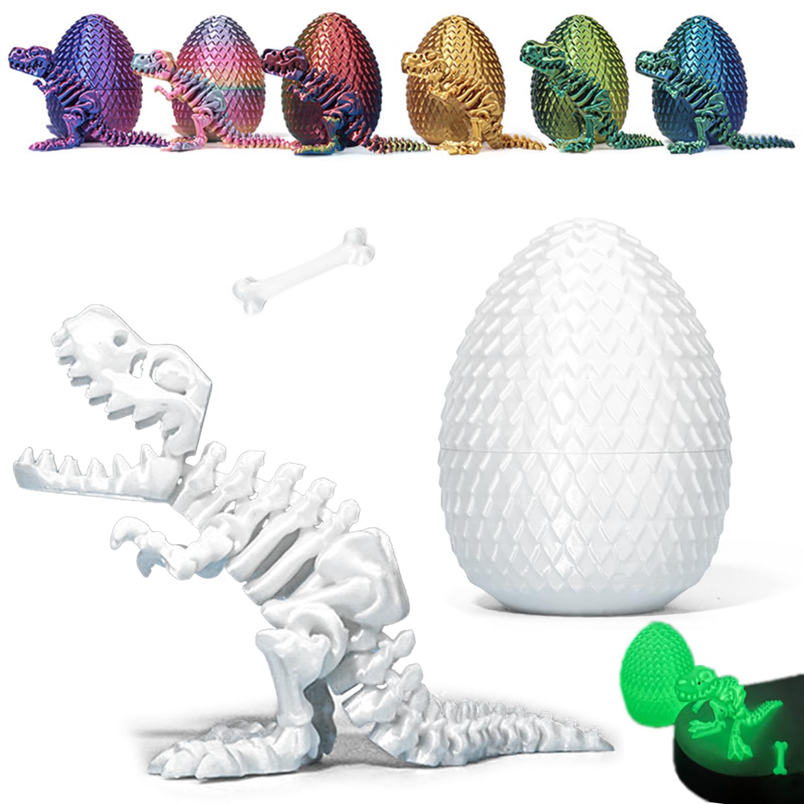 3D Printed Dinosaur Eggs with Dinosaurs Inside, Mystery Crystal Dinosaur Flexible Rex Toys with Bone, Full Articulated Fidget Dragon, Home Office Desk Decor Gift for Adult (White Luminous)
