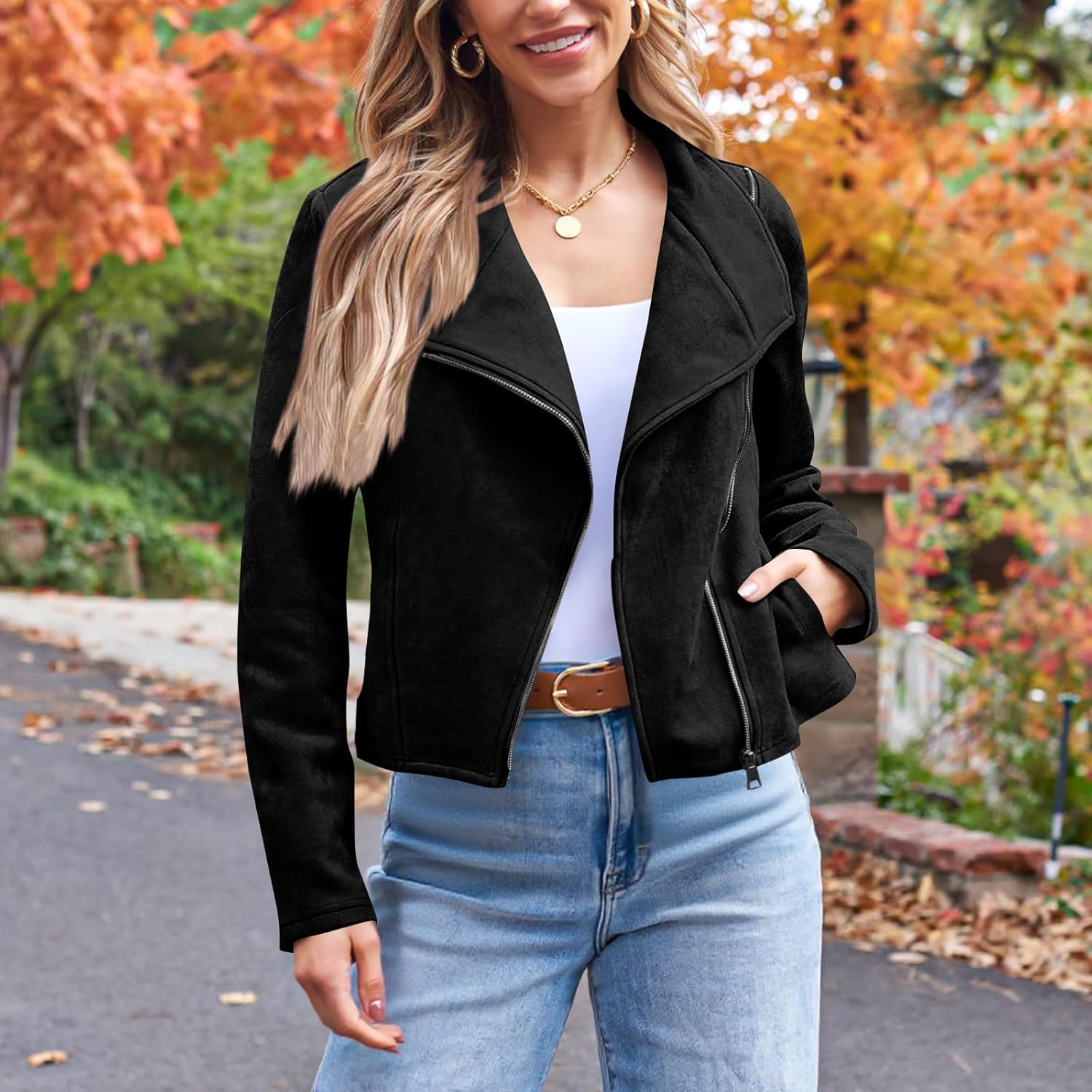 Womens Cropped Suede Jacket Slim Fitted Full Zip Open Front Casual Coats Long Sleeve Lapel Cowgirl Motobike Jackets