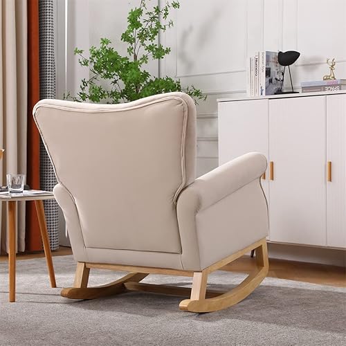 Miniatura 5 de Mecedora de terciopelo, moderna silla tapizada con respaldo de ala y patas de madera de goma, cómoda mecedora con asiento acolchado, respaldo alto