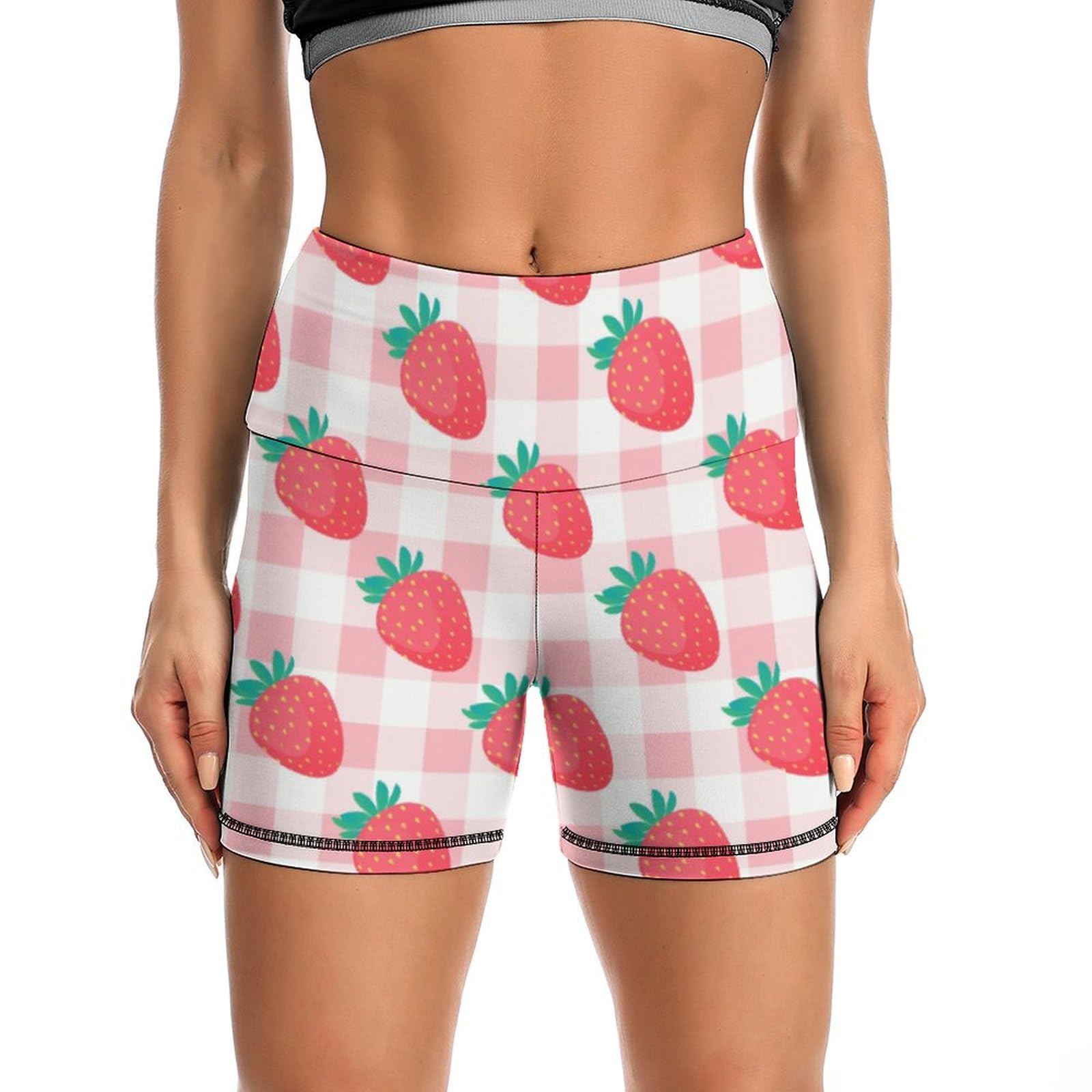 Plaid Strawberry High Waist Yoga Shorts for Women Athletic Shorts Leggings Running Pants