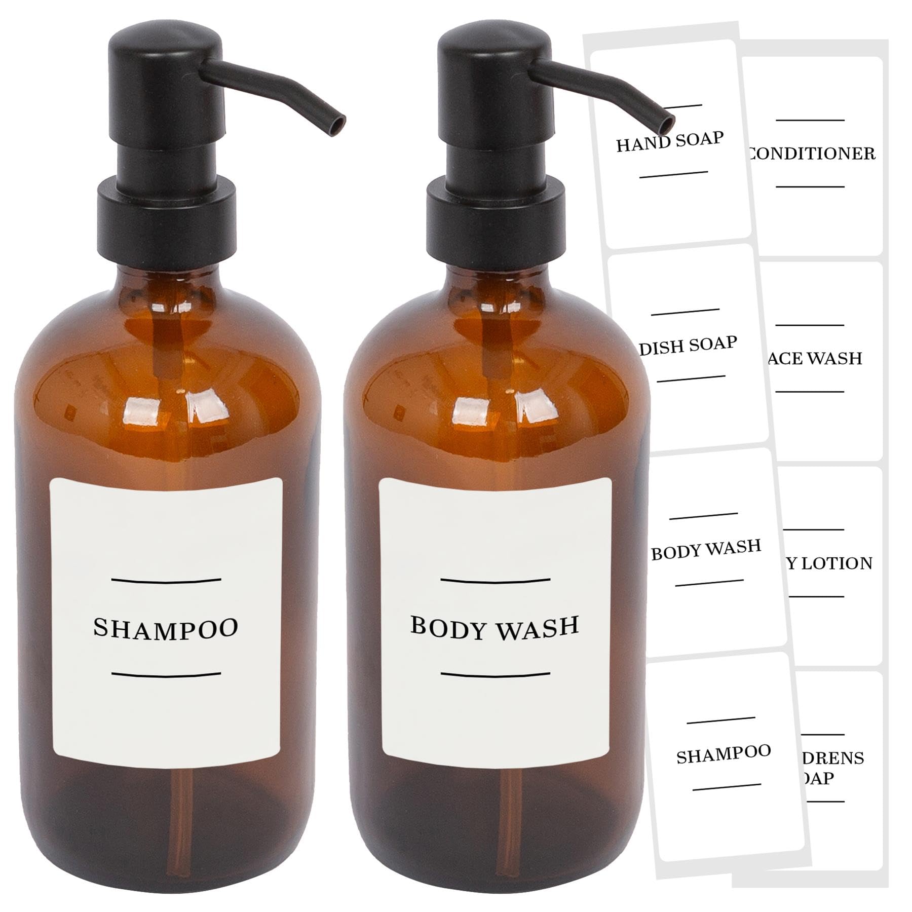 Harbour Housewares Glass Soap Dispensers with Labels Pack of 2-500ml Amber Refillable Bottles with Black Pumps and White Labels - Bathroom and Kitchen Accessories for Hand Wash, Lotion or Sanitiser