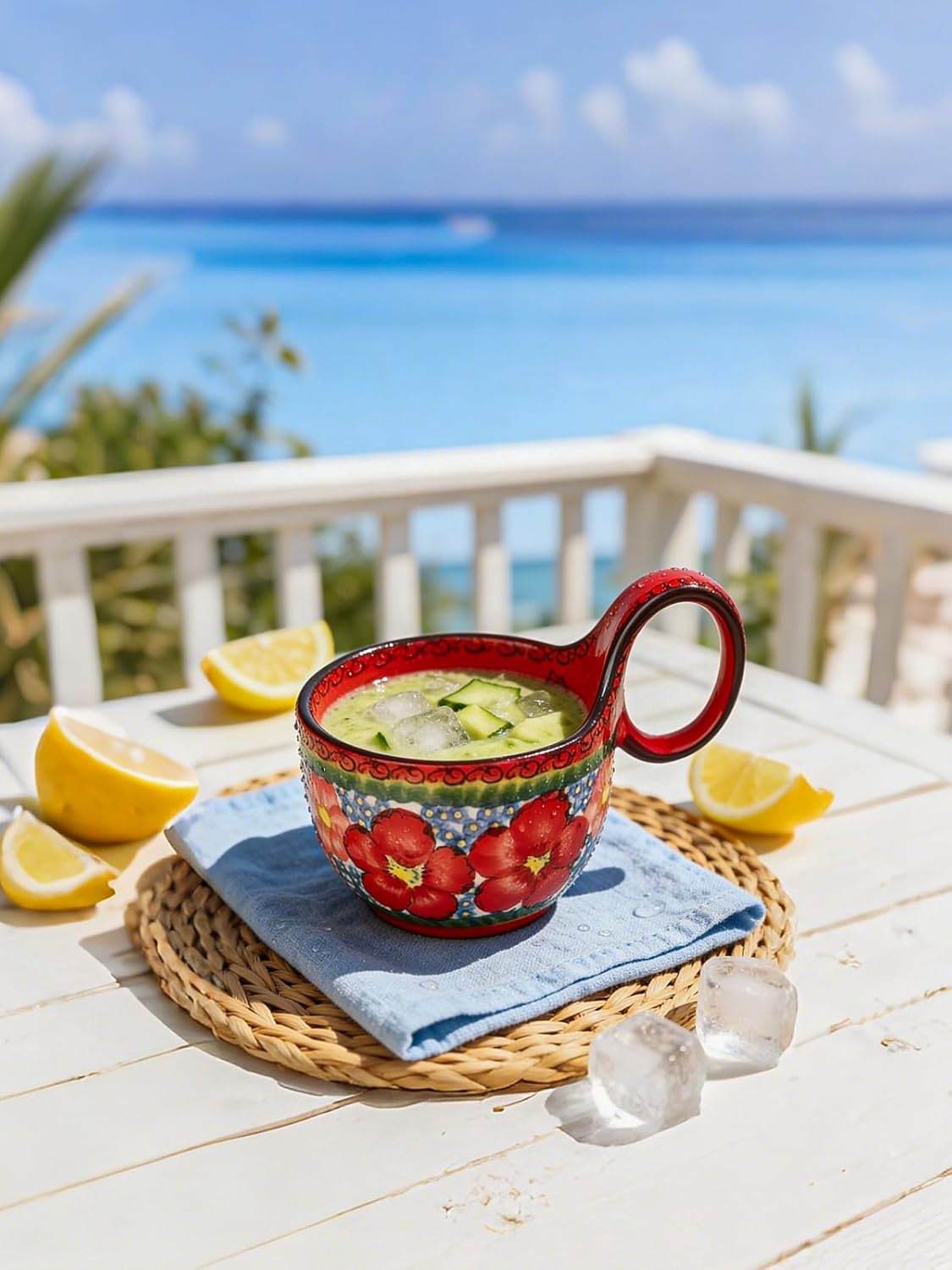 silesia Handmade Ceramic Soup Bowl with Loop Handle, Hand Painted Floral Cereal Bowl, Artisanal Soup Mug for Chili, Stew, Oatmeal, Microwave Safe, Glazed Red