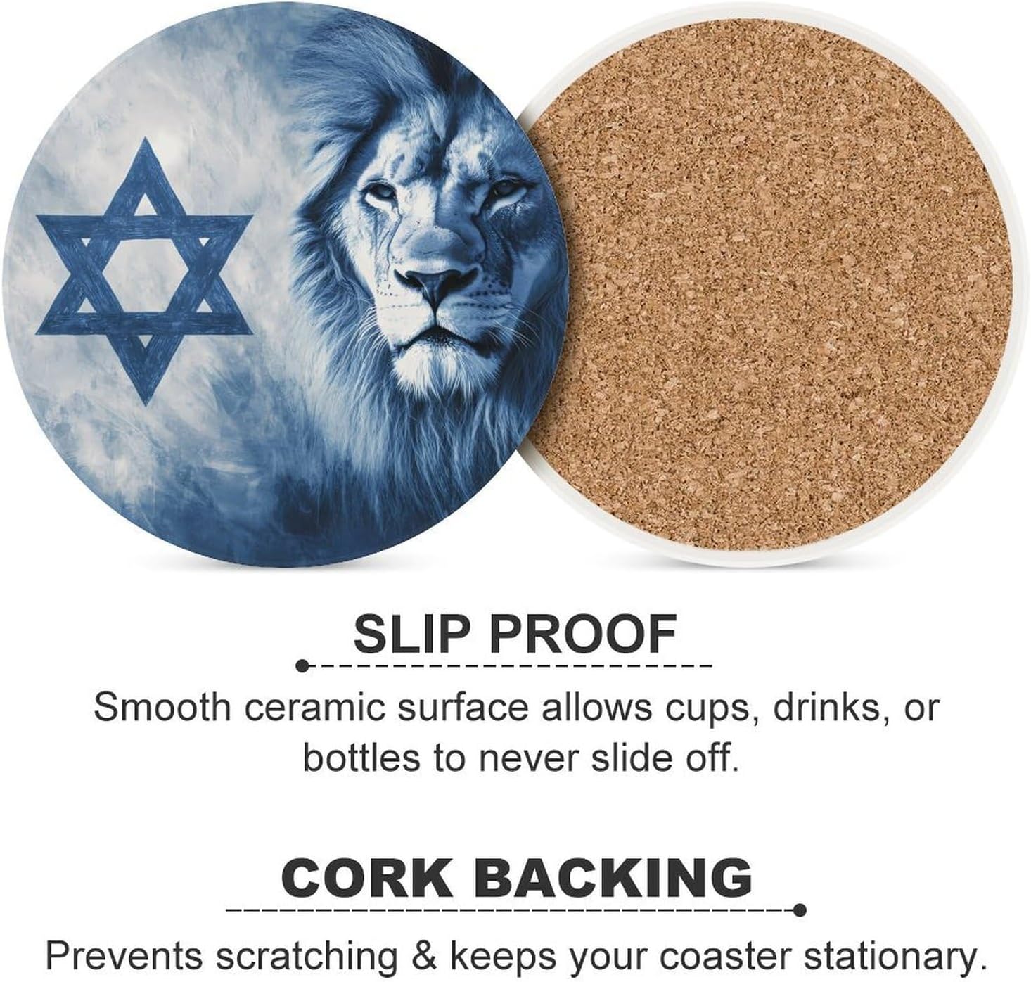 Israeli Symbol Star Lion Flag Round Ceramic Coasters Print Drinks Absorbent with Cork Base for Home Decor Gifts 4 Inch
