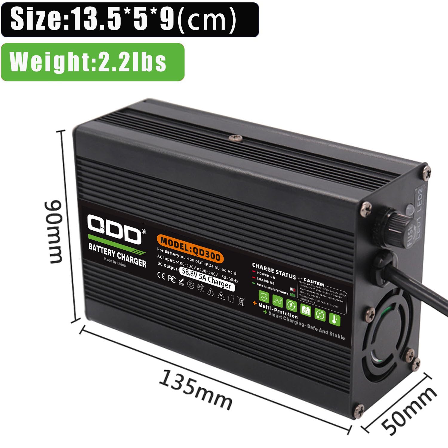 QDD Cargador de batería Li-ION de 58.8 V 5 A con múltiples medidas de protección de seguridad, adecuado para 14S 52 V batería Li-ION, cargador inteligente